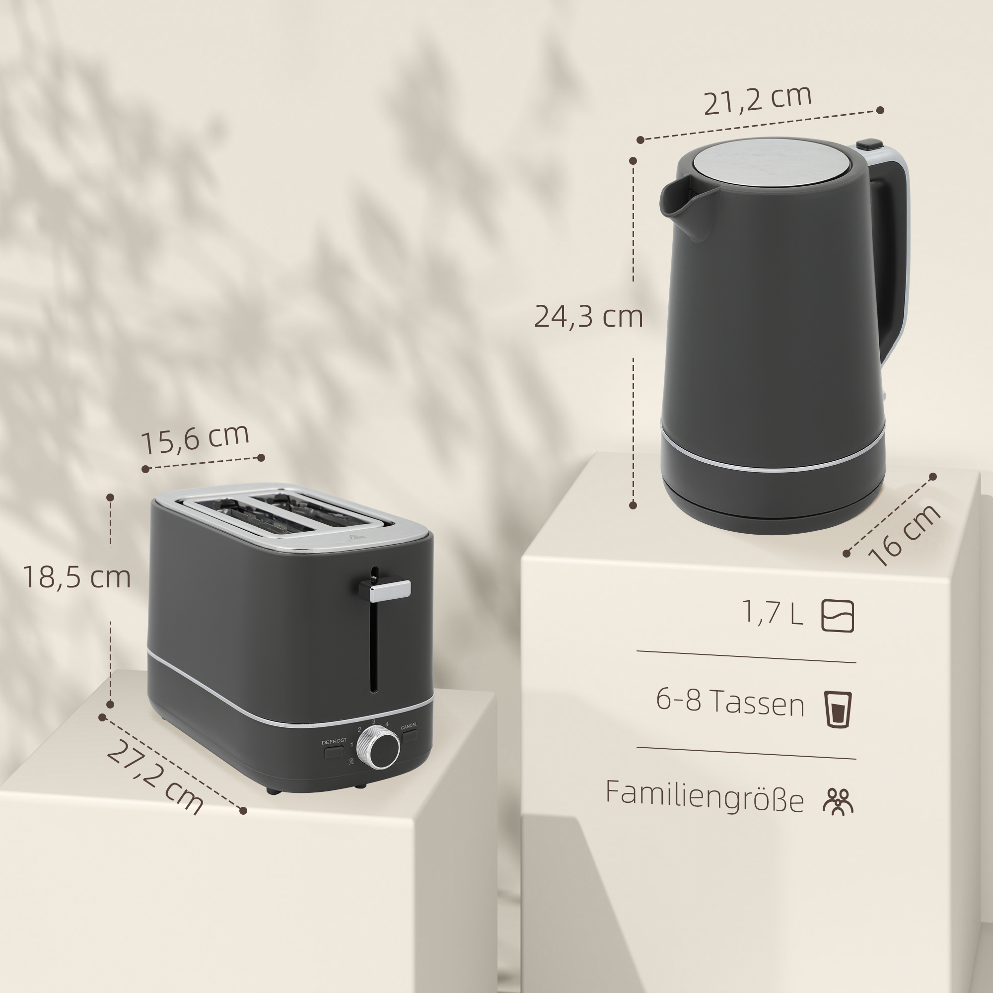 Set aus 1,7 L Wasserkocher und Toaster mit 6 Bräunungsstufen, Grau
