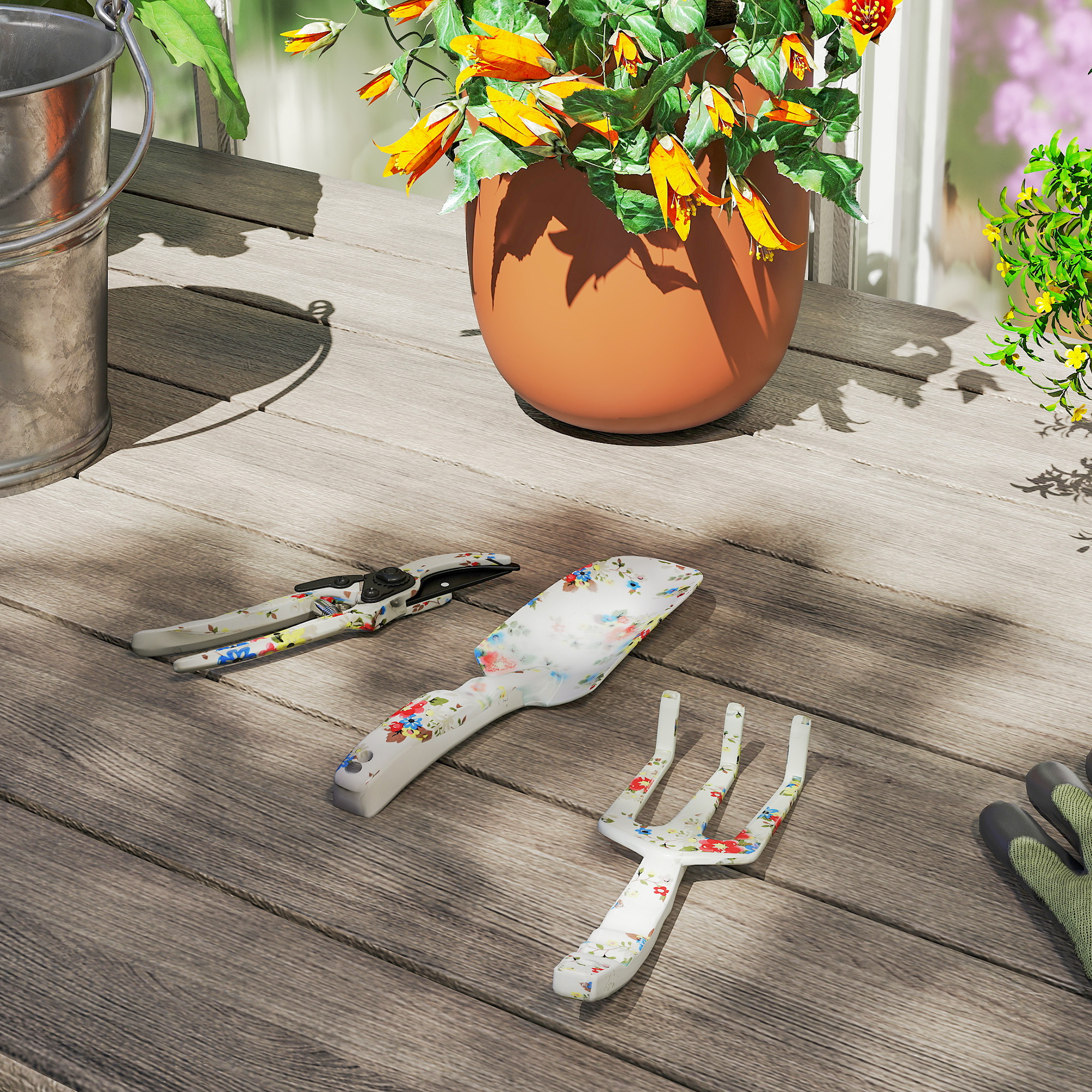 Gartenwerkzeug Set 3 Stück Garten Werkzeug aus Metall mit Blumenkelle Handrechen Gartenschere