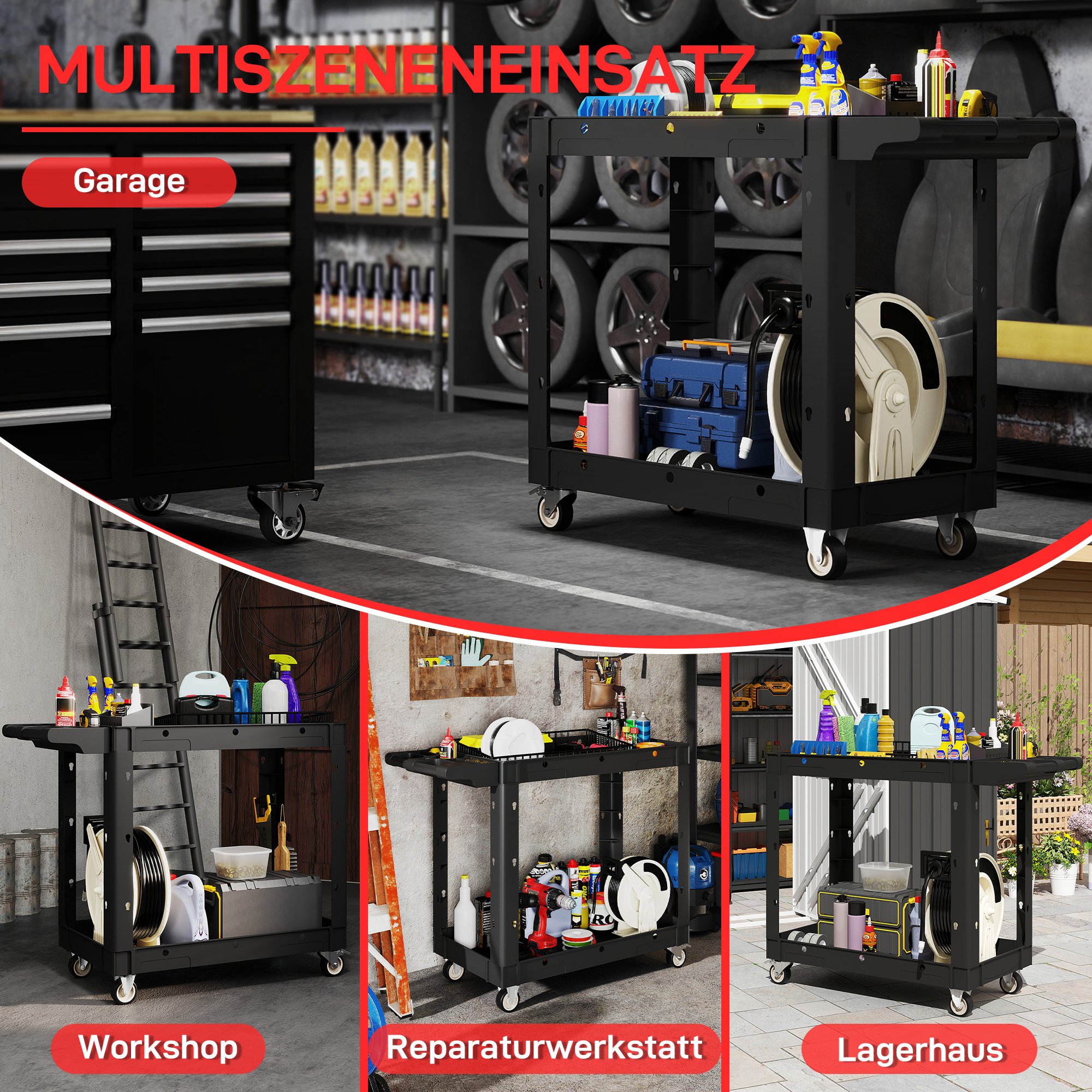 Werkzeugwagen, 2-stöckige Ablagen, Griff, Räder, Kunststoff, Schwarz