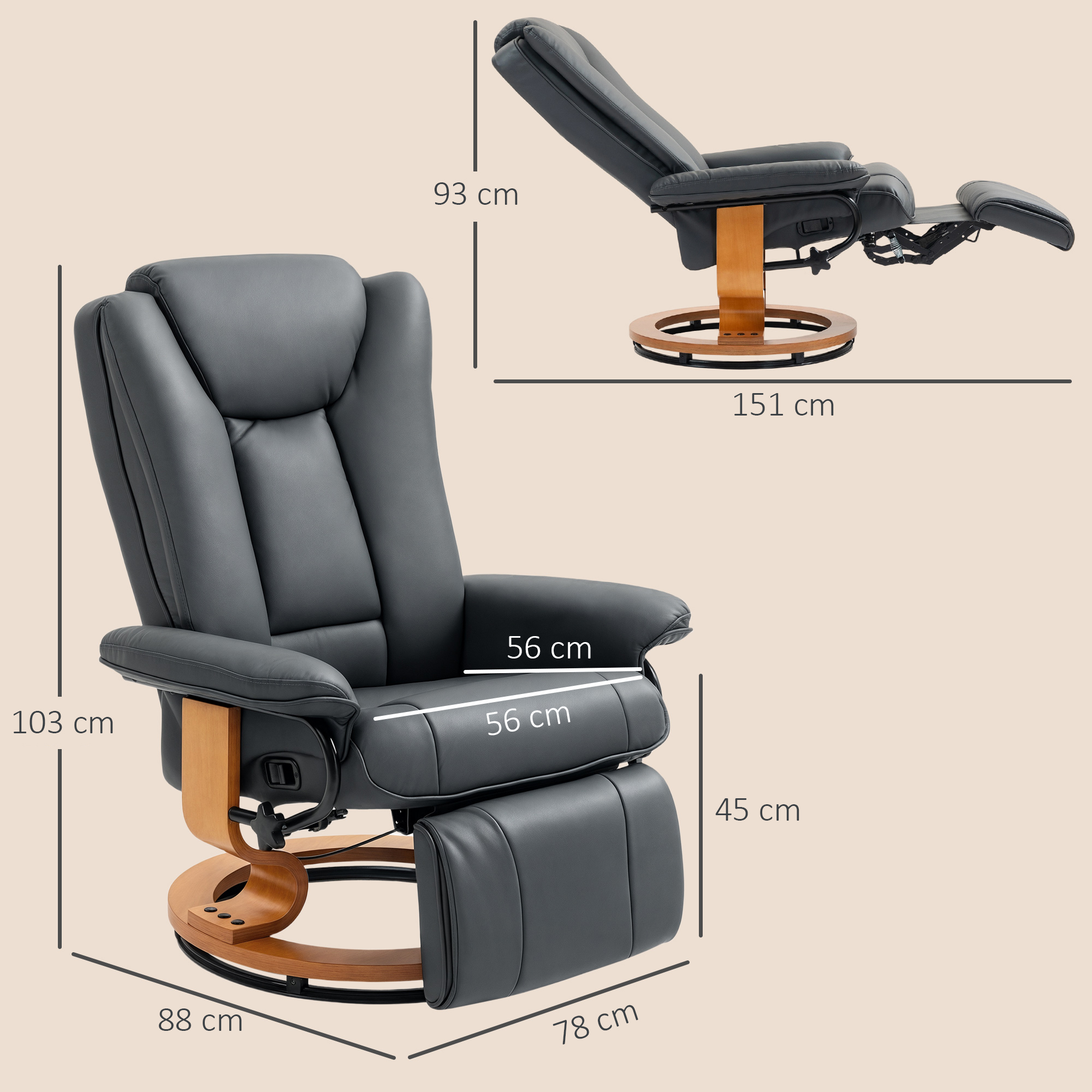 Relaxsessel mit Liegefunktion, drehbar, bis 150 kg, Kunstlederbezug, Stahlrahmen, Dunkelgrau