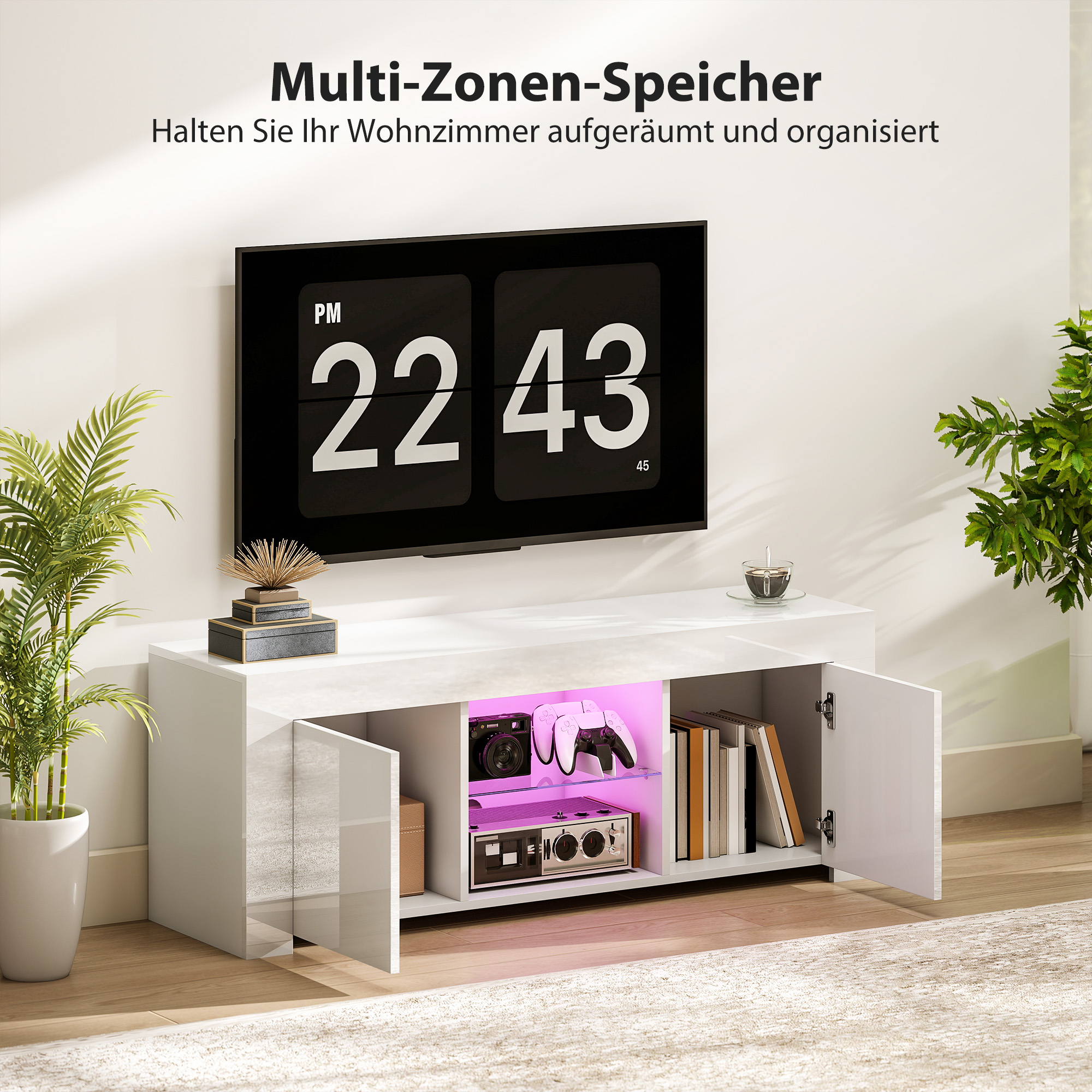 TV-Schrank mit LED-Beleuchtung, 2 Schranktüren, Glasregal, Kabellöcher, für Wohnzimmer, Spanplatte, Weiß