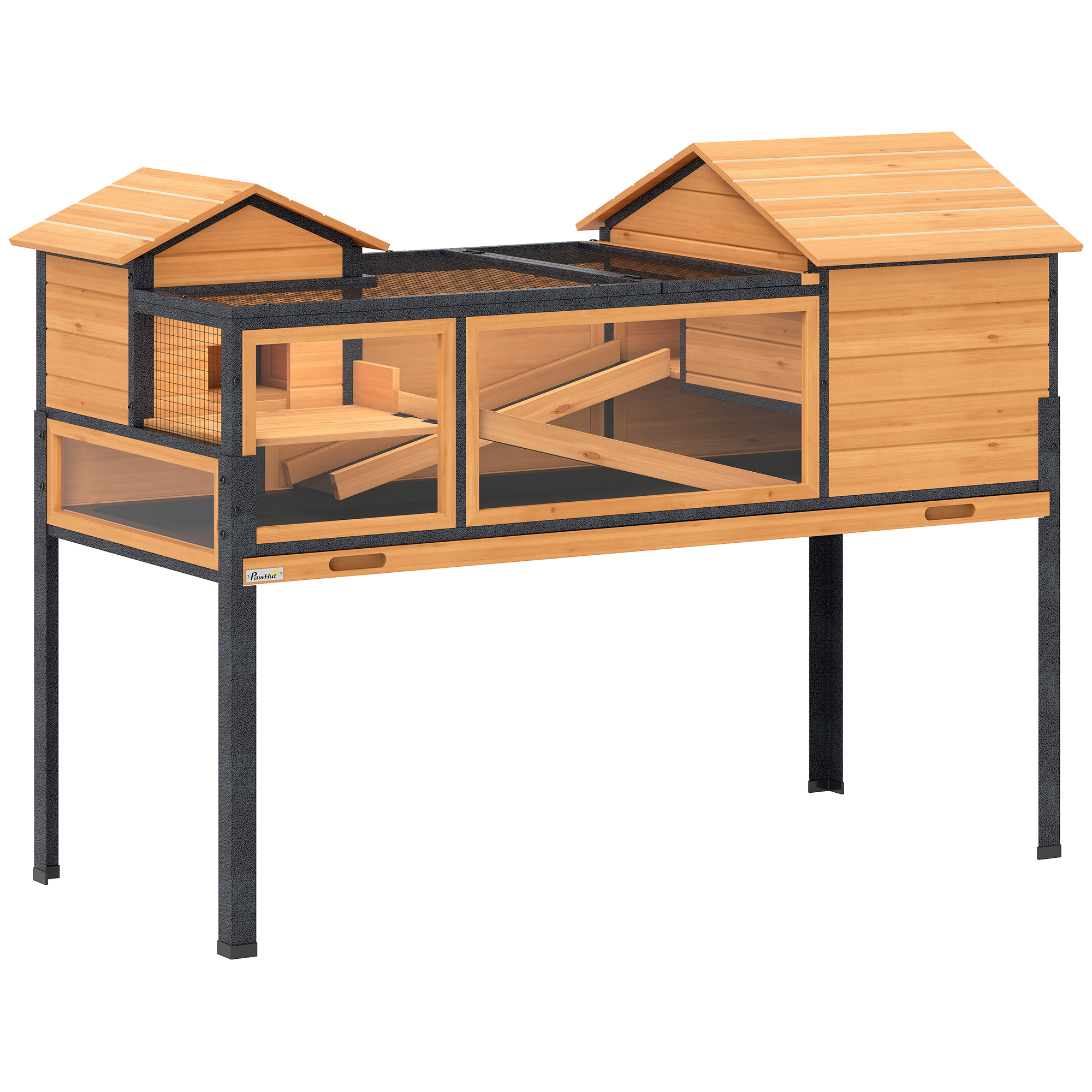 Schildkrötenhaus, Kleintiergehege, 2 Räume, 2 Stockwerke, Fenster, Rampen, Zubehör, Holz, Stahl, Gelb