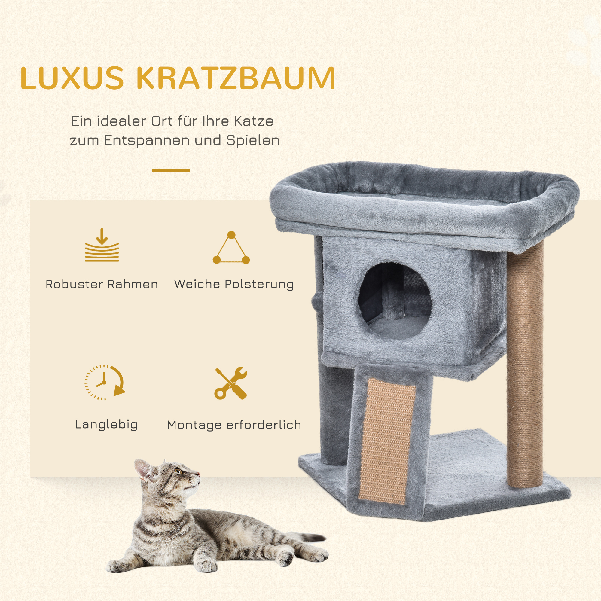 Kratzbaum 57 cm Kleiner Katzenbaum mit Katzenhöhle, Liegeplattform, Katzenkratzbaum mit Kratzbrett, Spielball, Katzenmöbel für Katzen bis 5 kg Hellgrau
