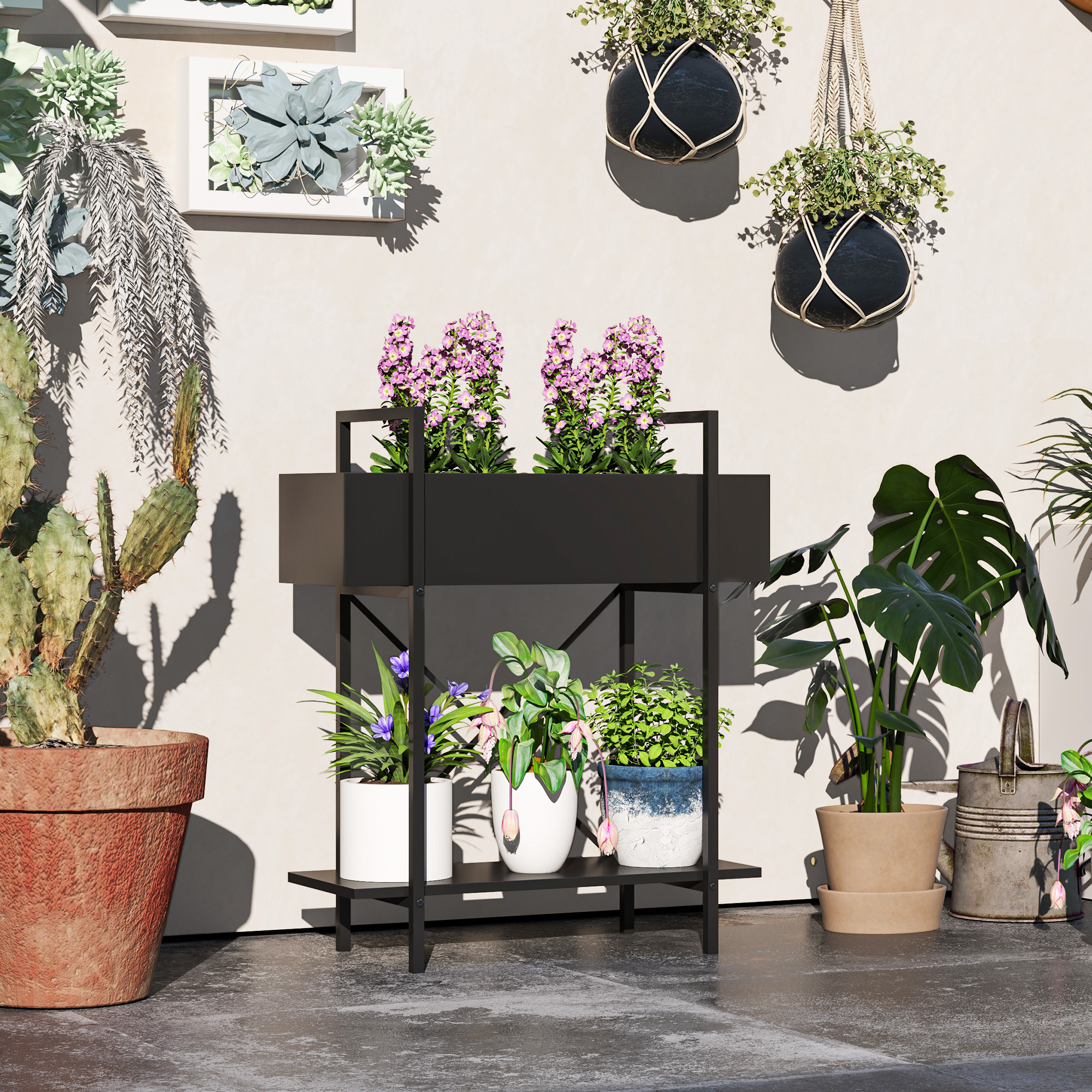 Pflanzenständer, Blumentopfständer mit 2 Ebenen, Ablauflöcher, für drinnen und draußen, Metall, Schwarz