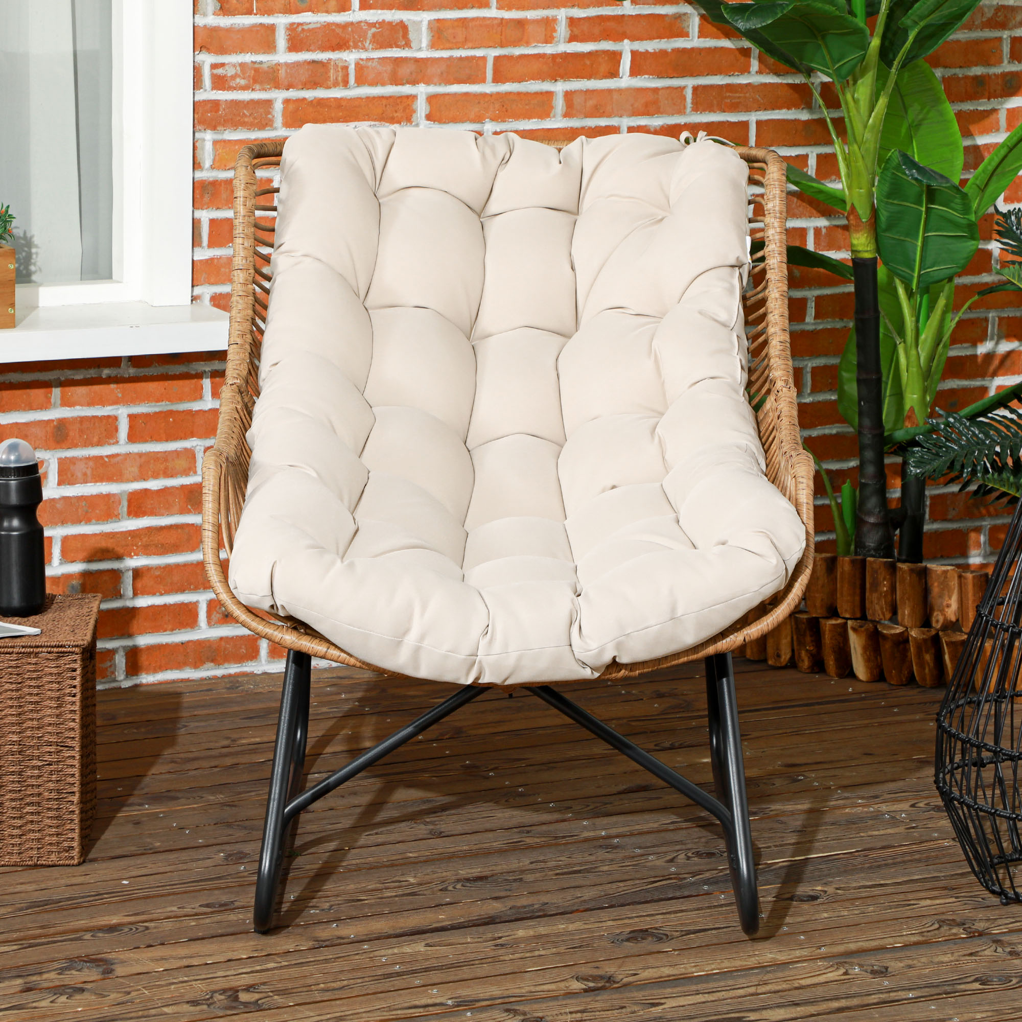 Garten Lounge, Rattanoptik, Outdoor Sessel, mit Auflage, Metallrahmen, 75x101x90 cm, Natur/Khaki/Schwarz