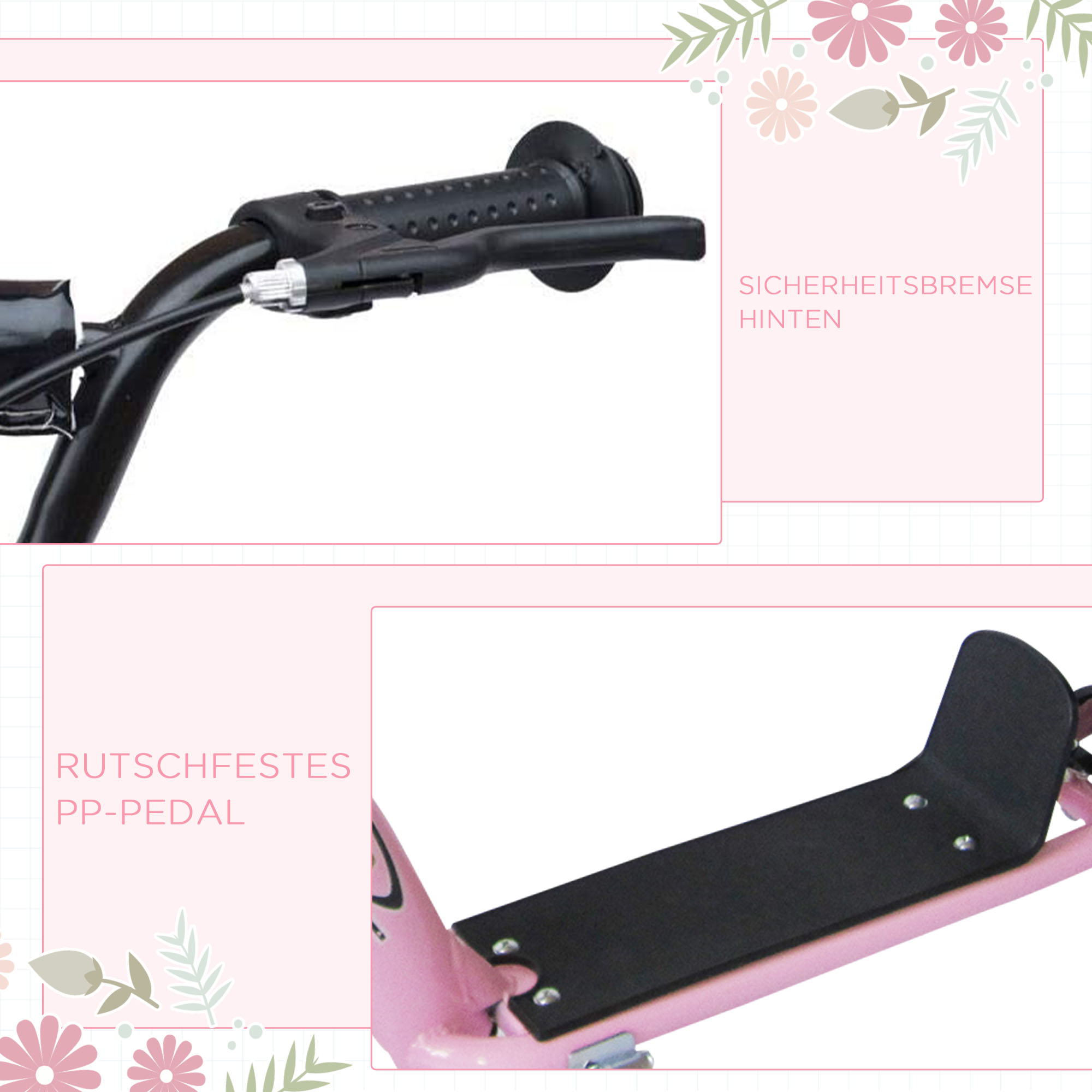 Tretroller, Scooter für Kinder, mit Handbremse, Ständer, 12 Zoll Räder, ab 5 Jahren, Stahl, Rosa 120 x 52 x 88 cm