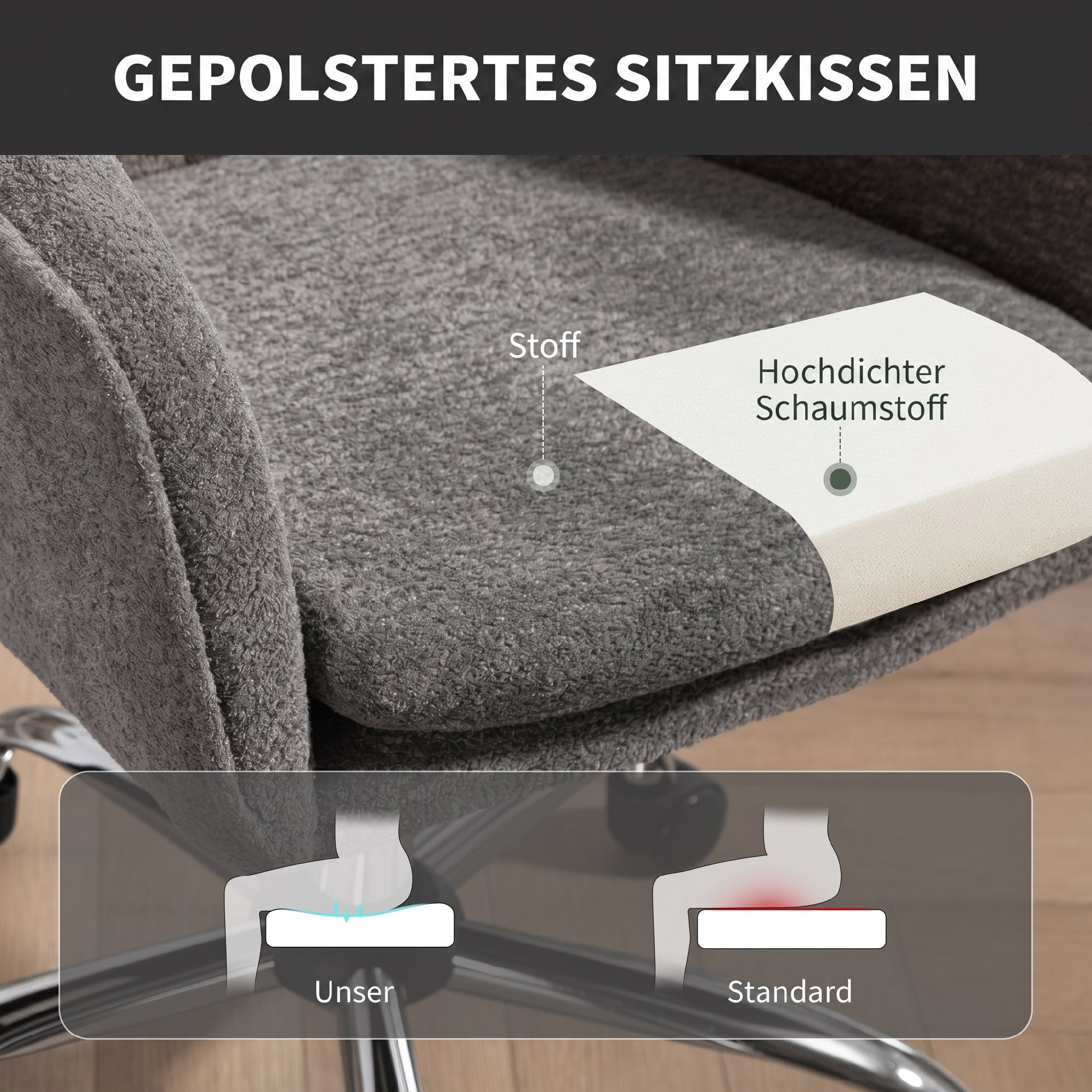Home-Office Schreibtischstuhl mit Schaukel- und Drehfunktion, Computerstuhl mit Rollen für Erwachsene, Grau