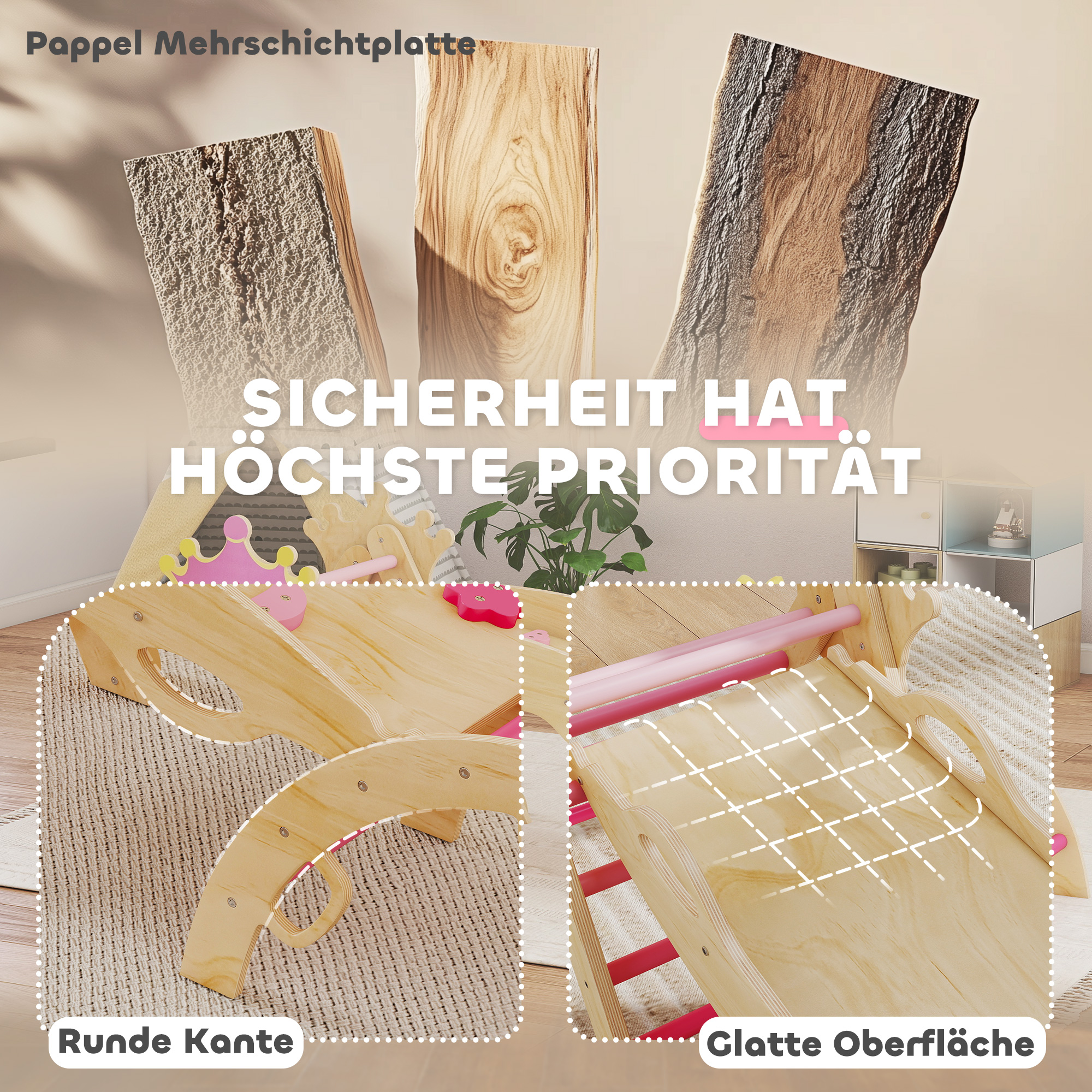 8-in-1 Indoor-Klettergerüst für Kinder, Prinzessinnen-Design, Rutsche, Rampe, Bogen, Holz