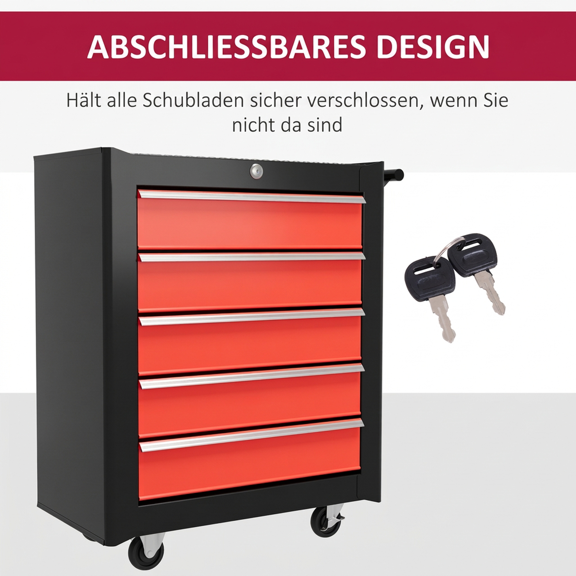 Werkzeugkiste, Werkzeugschrank, rollbar, 5 Schubladen, Stahlblech, Schwarz+Rot