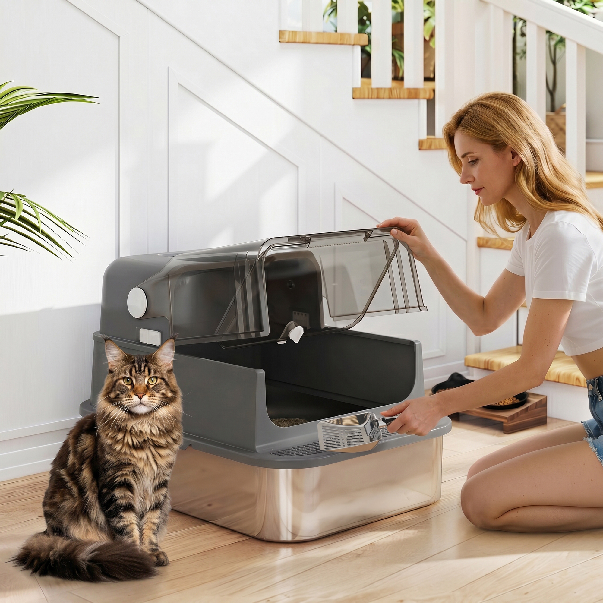 Katzenklo Edelstahl mit Deckel XXL 72L für große Katzen und Mehrere Katzen mit Doppeltüren Schaufel Pedal Anti-Leck