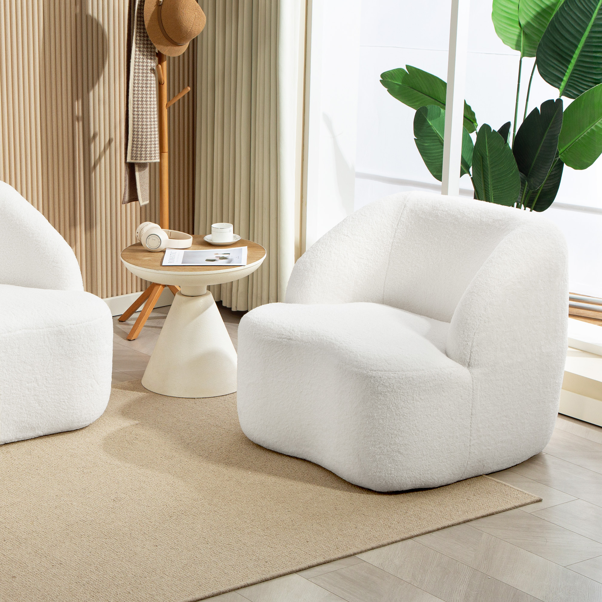 Moderner Sessel mit Fleece-Polsterung, kuscheliger Polstersessel für Wohnzimmer, Schlafzimmer, Homeoffice, Cremeweiß