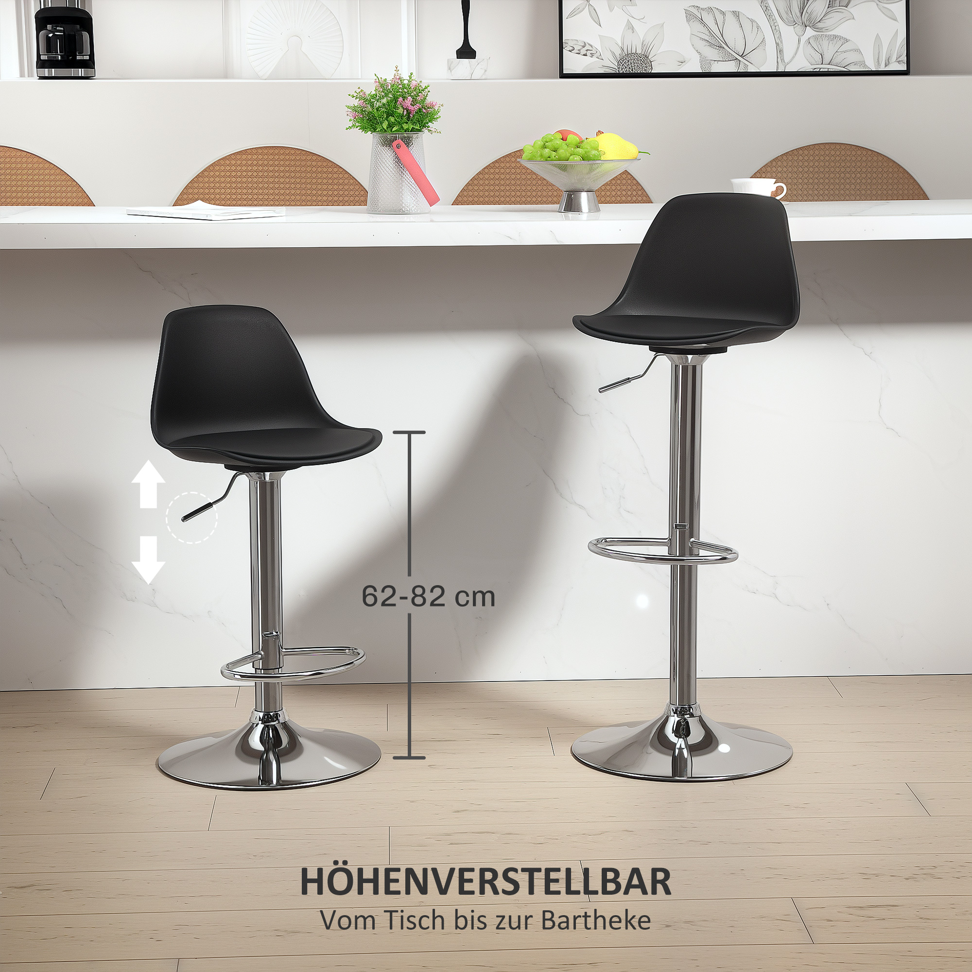 2er-Set Barhocker, Barstühle, Drehstühle mit Lehne, höhenverstellbar, bis 120 kg belastbar, 42 x 38 x 82-104 cm, Schwarz