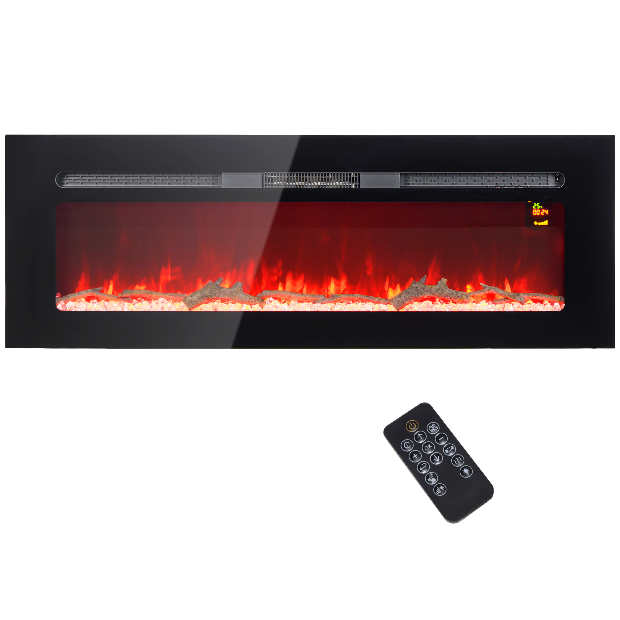 Elektrischer Kamin mit Wandhalterung und Fernbedienung, künstliche Holzscheite und Kristalle, 1800W Leistung, Schwarz Elektrischer Kamin mit Wandhalterung und Fernbedienung, künstliche Holzscheite und Kristalle, 1800W Leistung, Schwarz