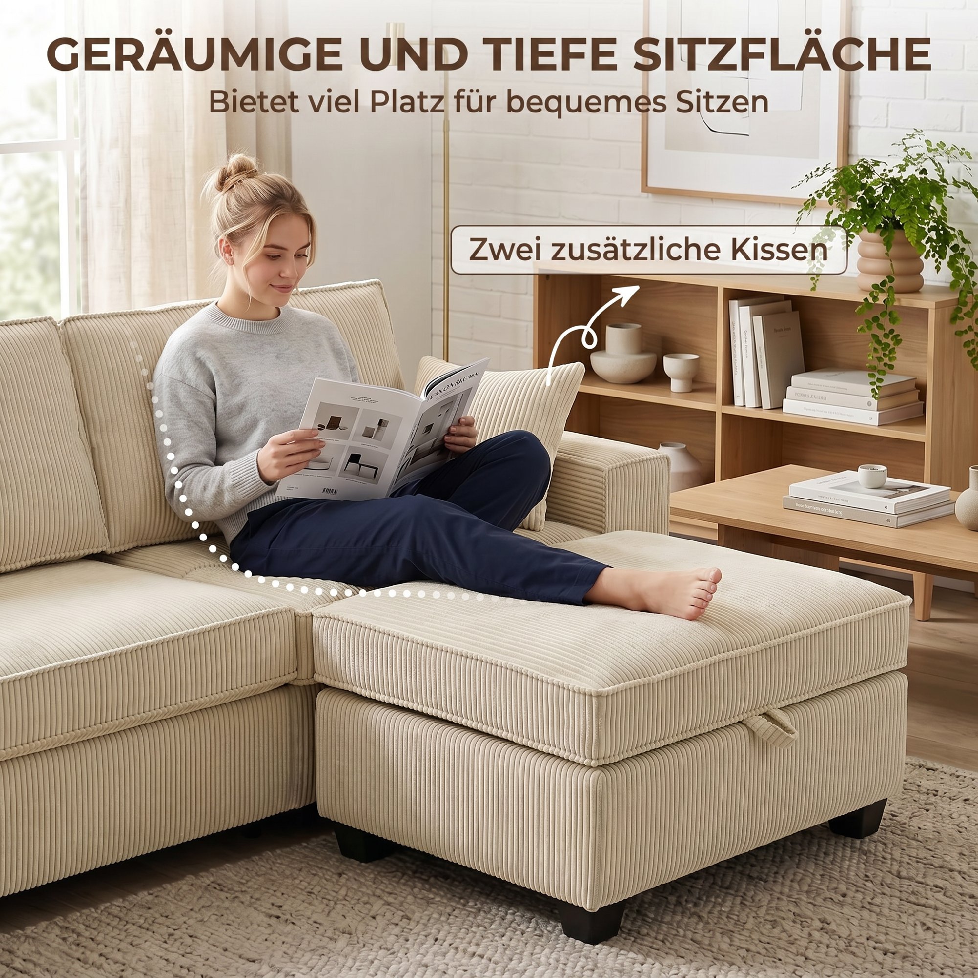 Ecksofa 216 cm 3-Sitzer L-Form Sofa mit Umkehrbarem Aufbwahrungshocker, Cord-Optik, Breiter Sitzfläche, für Wohnzimmer