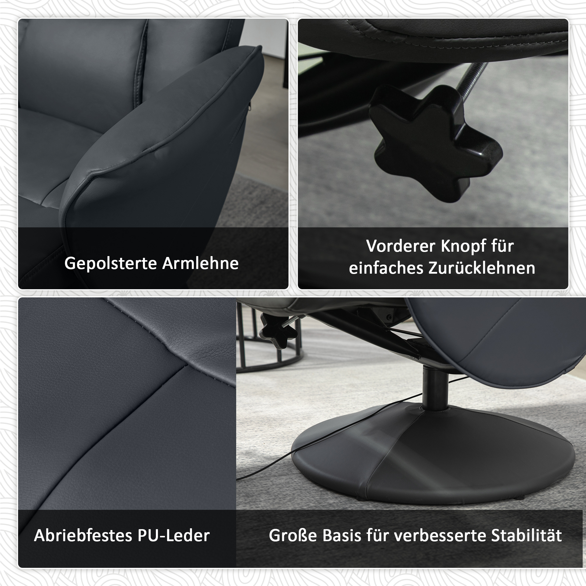 Massagesessel mit Fußhocker, Ergonomischer Stuhl mit 10 Vibrationspunkten, Kunstleder, 76 x 81 x 105 cm, Dunkelgrau