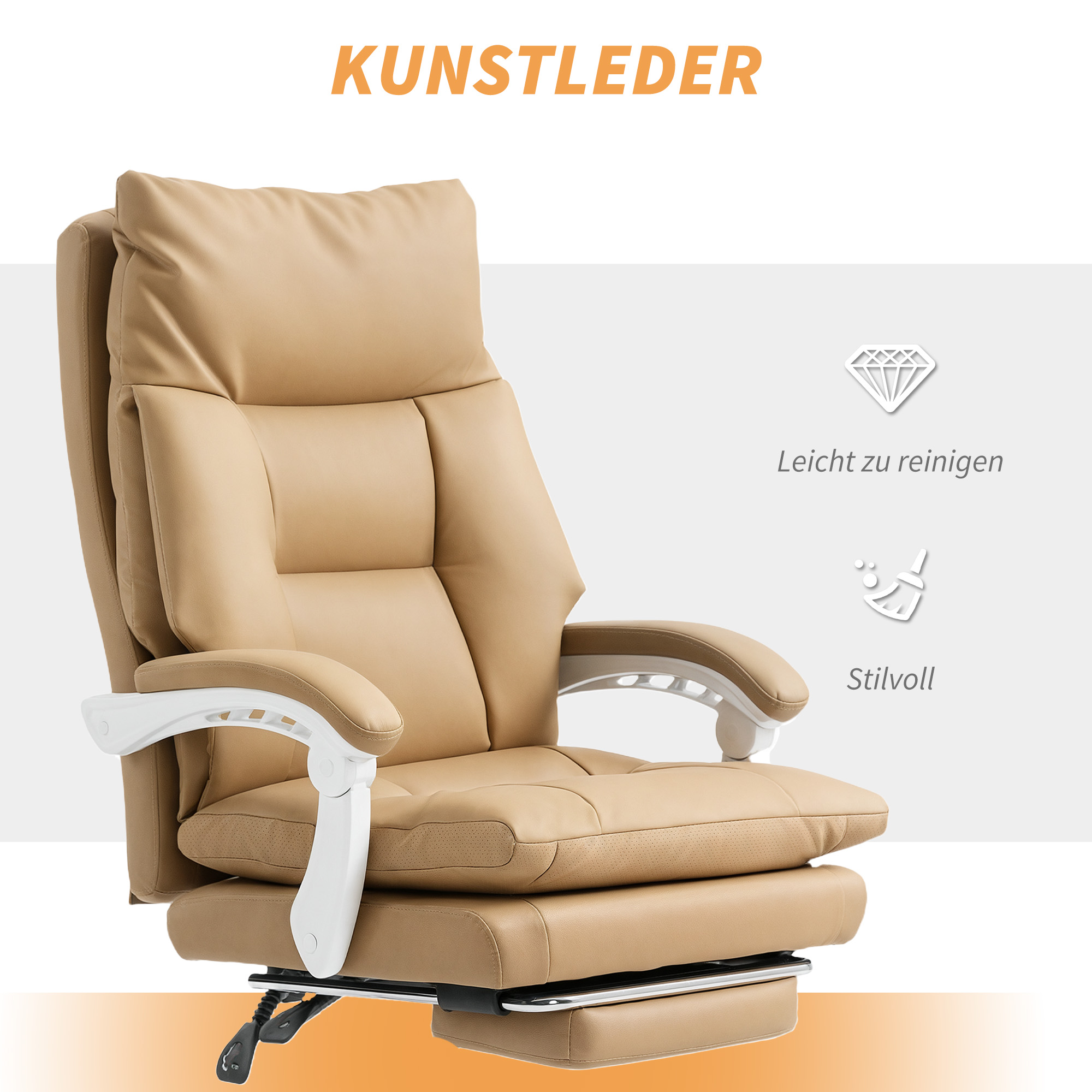 Bürostuhl Ergonomischer Schreibtischstuhl mit Lendenwirbelstütze, Fußstütze Hellbraun