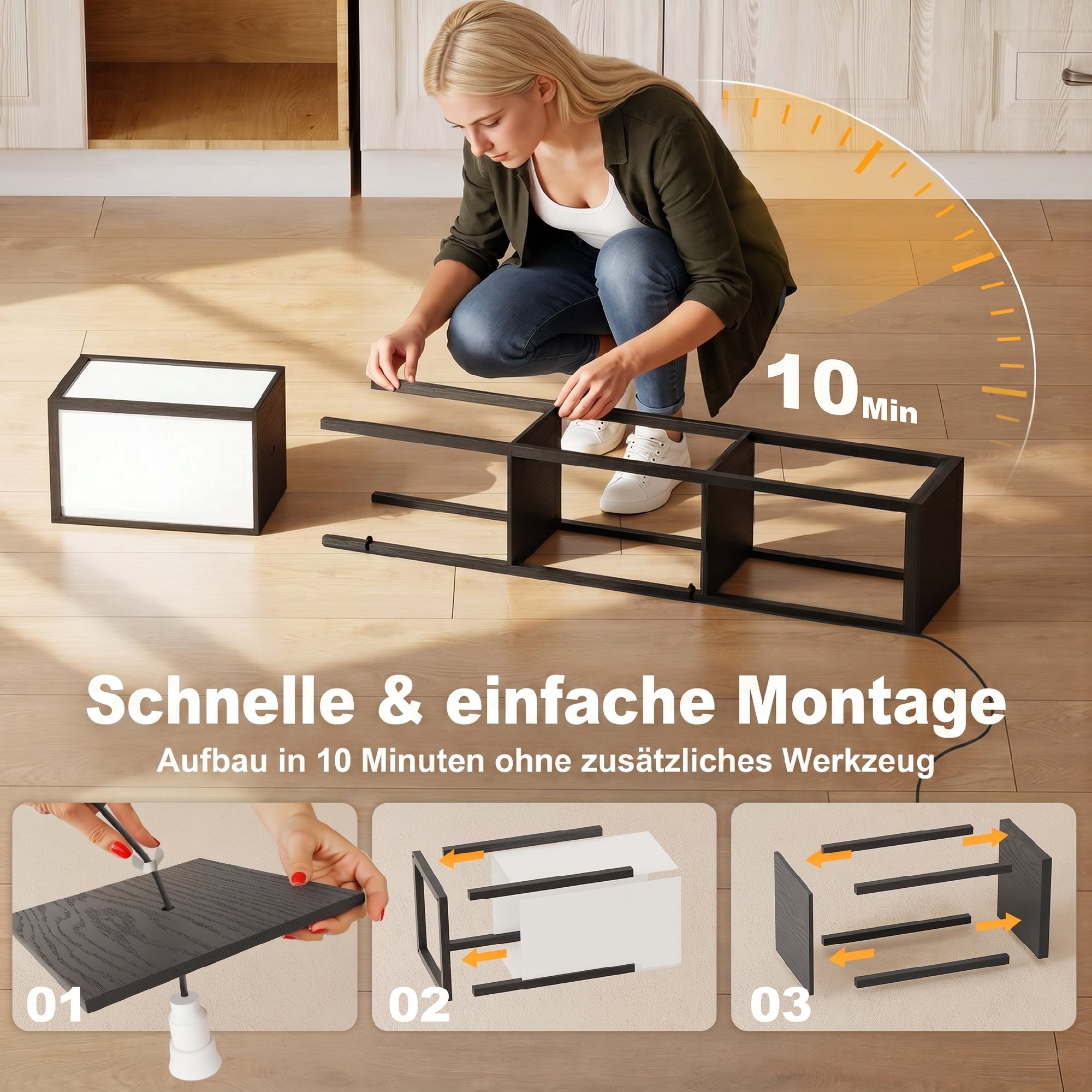 LED Stehlampe mit Ablagen, dimmbar, Kettenschalter & Steckdosen, schwarz