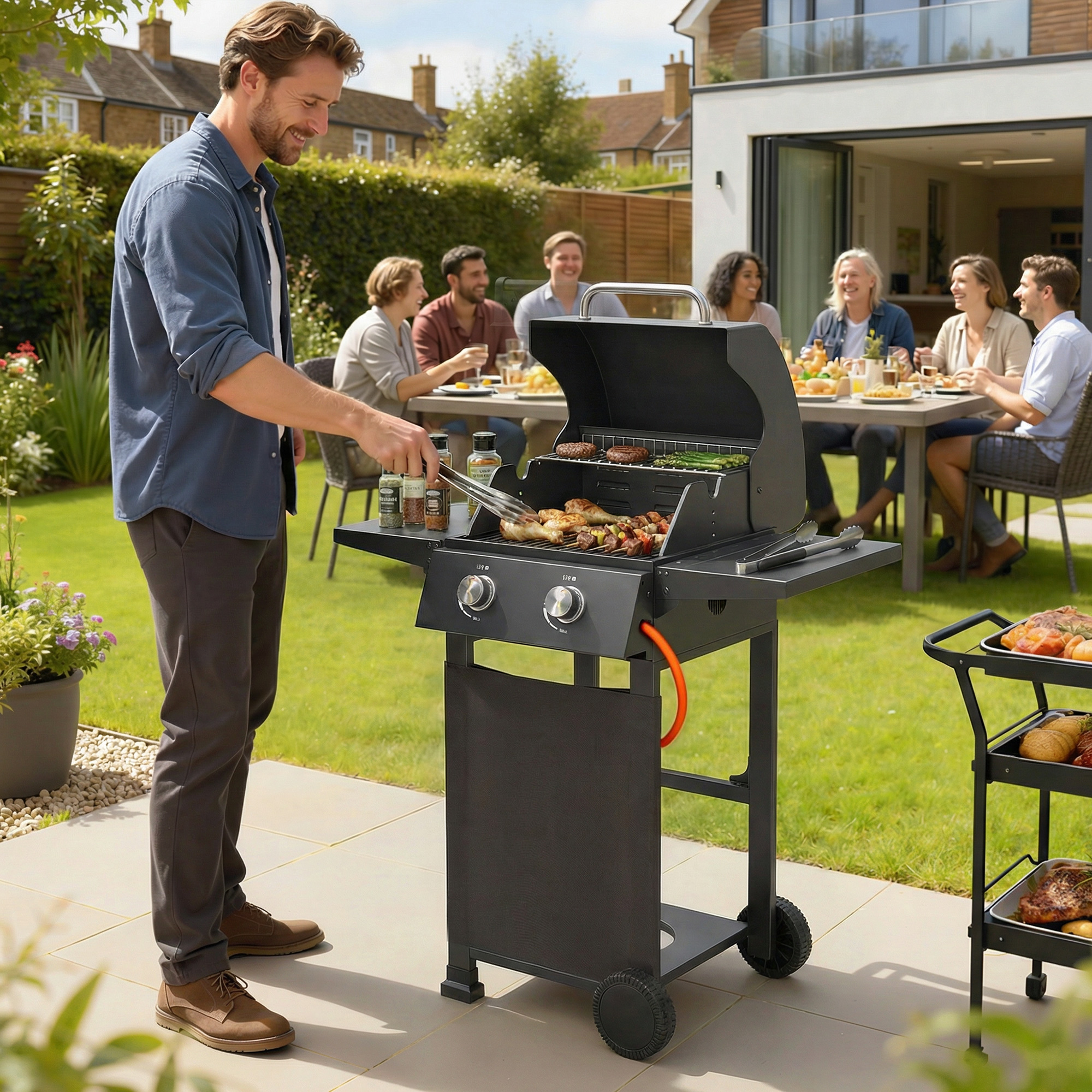 Gasgrill 5,4 KW 2 Brenner Stahl BBQ Grillwagen inkl klappbar Seitentisch Thermometer verchromter Grillrost Warmhalterost