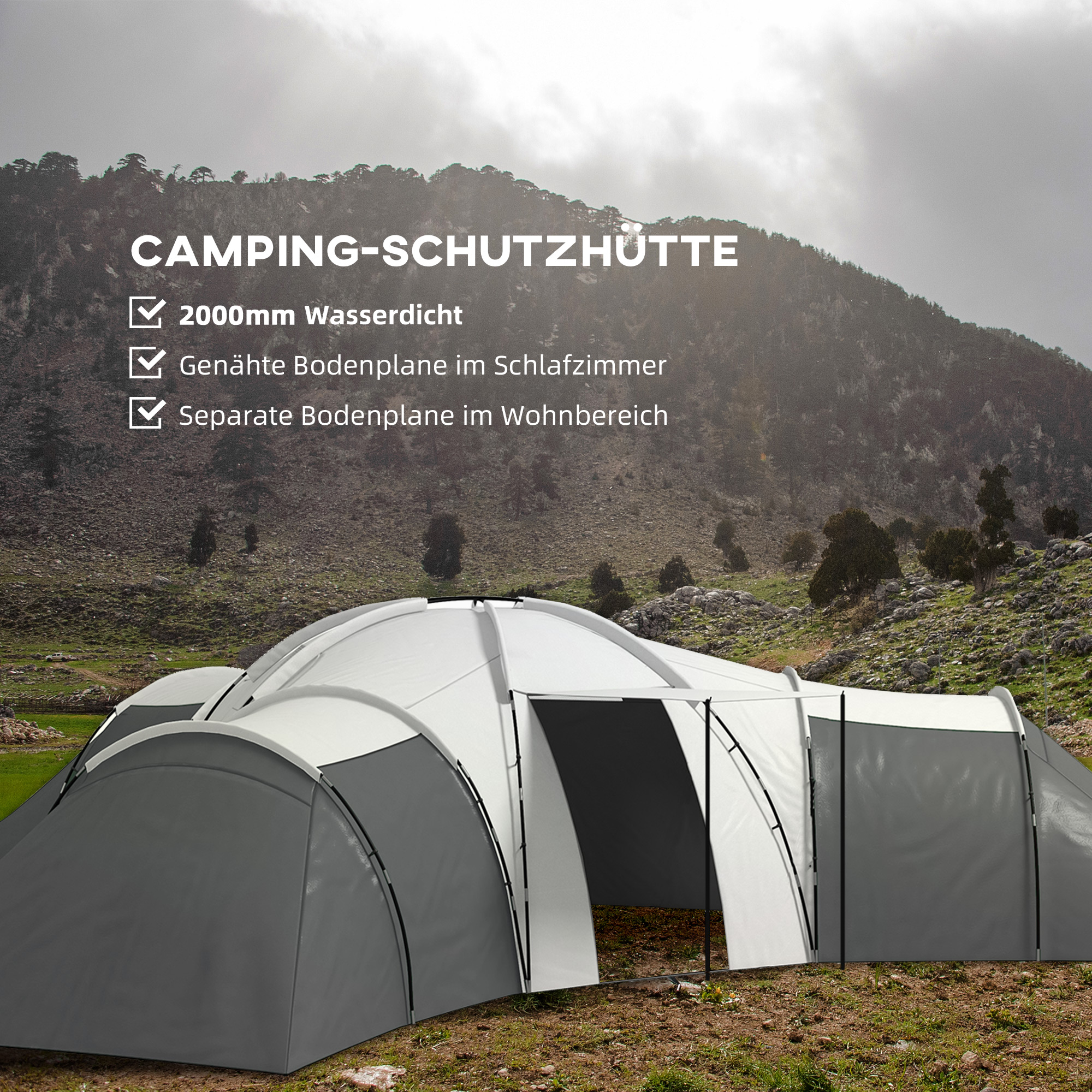 Campingzelt für 6-9 Personen, 4 Räume, Vorzelt, wasserdicht, 615x 615x225cm, Grau