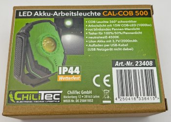 LED Akku-Arbeitsleuchte "CAL COB 500" / LiIon Akku, Magnethalter, 15W, 1000lm