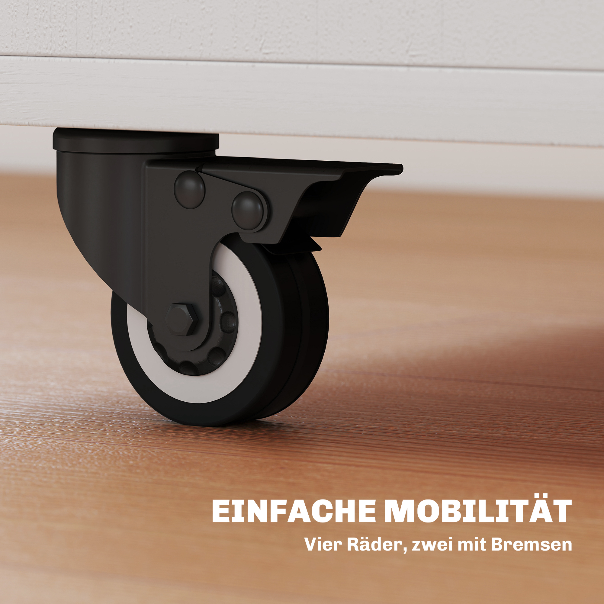 Klapptisch Rollschrank, zwei klappbare Tischseiten, Schrankfach, 4 Rollen, Weiß+Naturholz, 70 x 83 x 75cm