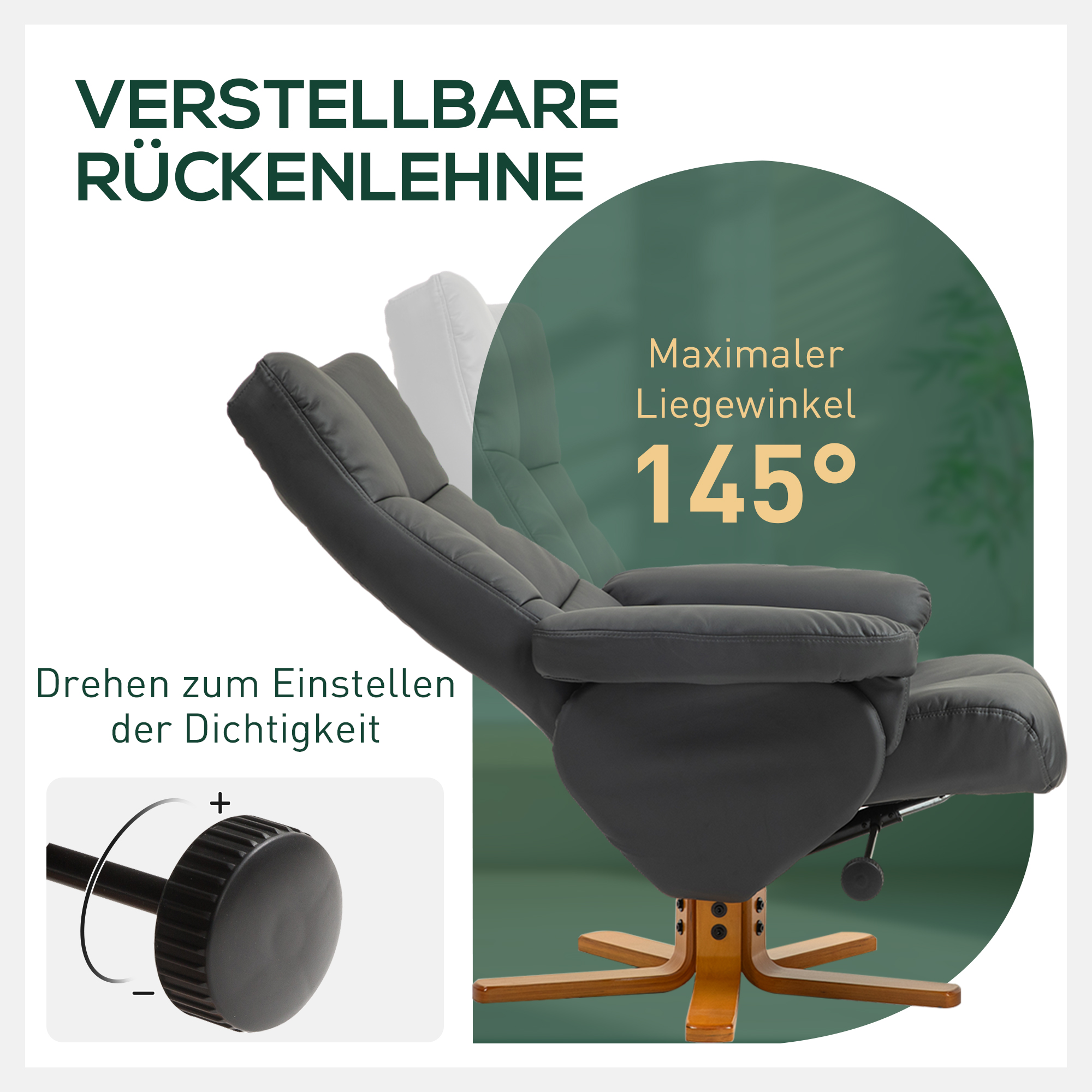 Relaxsessel mit Hocker, 145° neigbare Rückenlehne, 360° drehbar, Kunstleder, Dunkelgrau