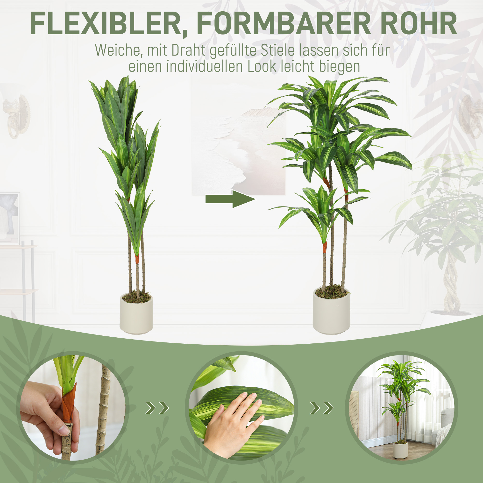 Künstlicher Dracaena-Baum 120 cm mit biegsamen Stämmen und weißem Pflanzgefäß für Wohnzimmer Schlafzimmer Büro