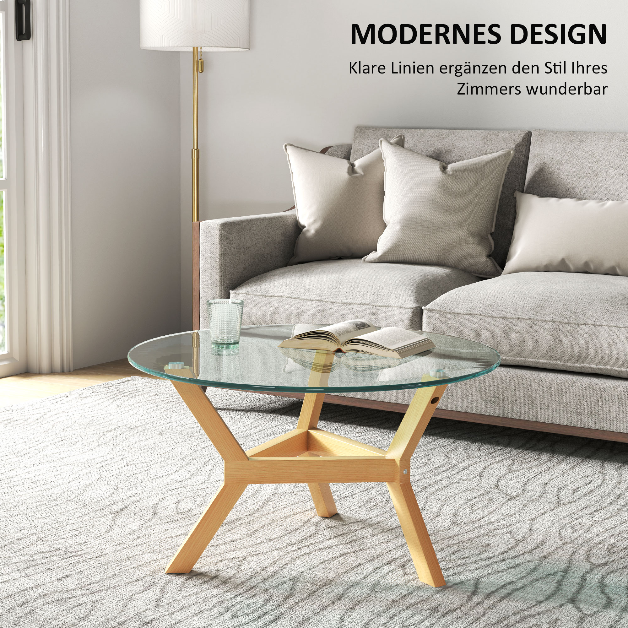 Runder Beistelltisch aus gehärtetem Glas mit verstellbaren Fußpolstern und Stahlrahmen, für Wohnzimmer, Schlafzimmer