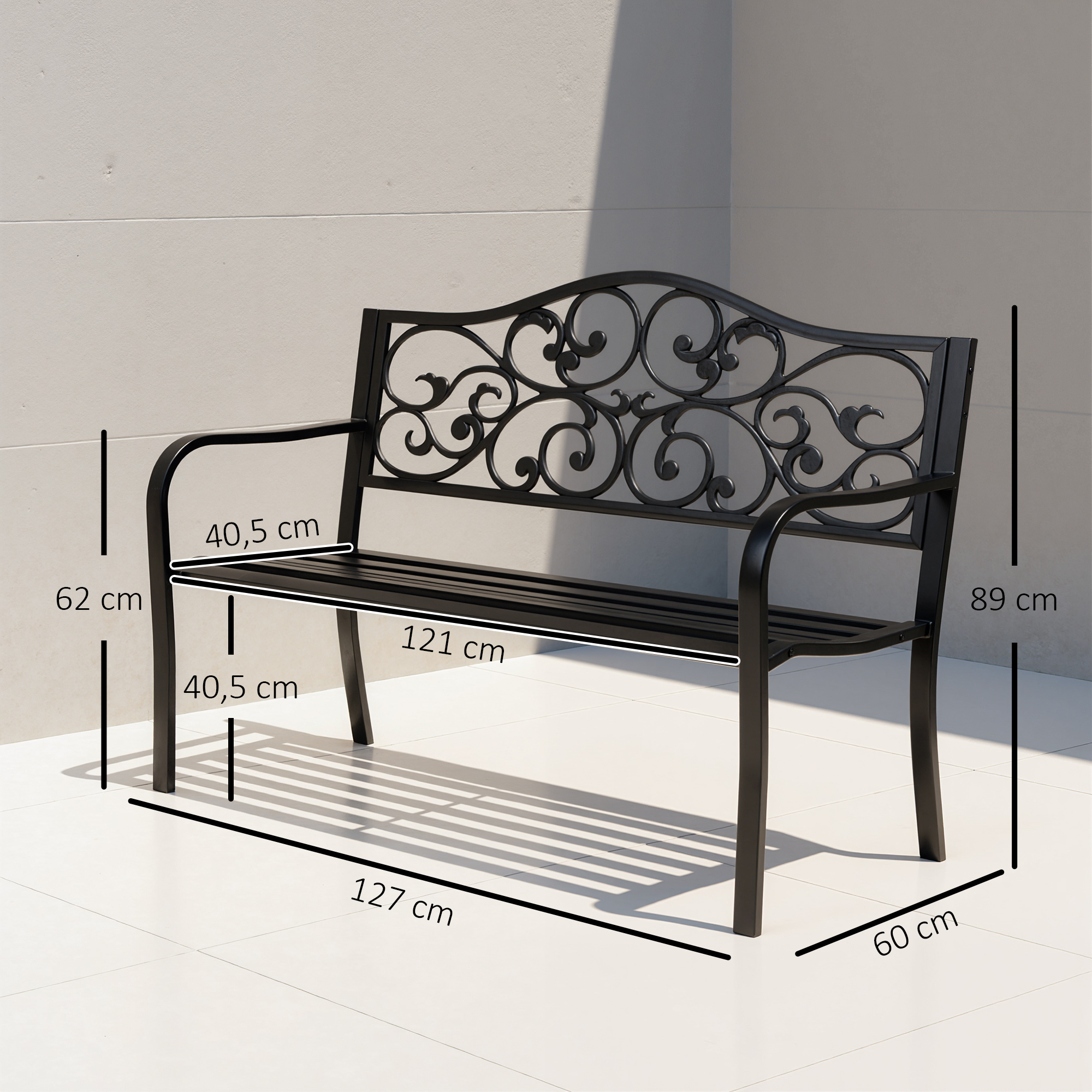 2-Sitzer Gartenbank Parkbank mit ausziehbarem Tisch Sitzbank Bank 240kg belastbar Terrassenbank mit Rücken- & Armlehnen Gartenmöbel für Terrasse, Garten Außenbereich 150x58,5x90 cm Schwarz