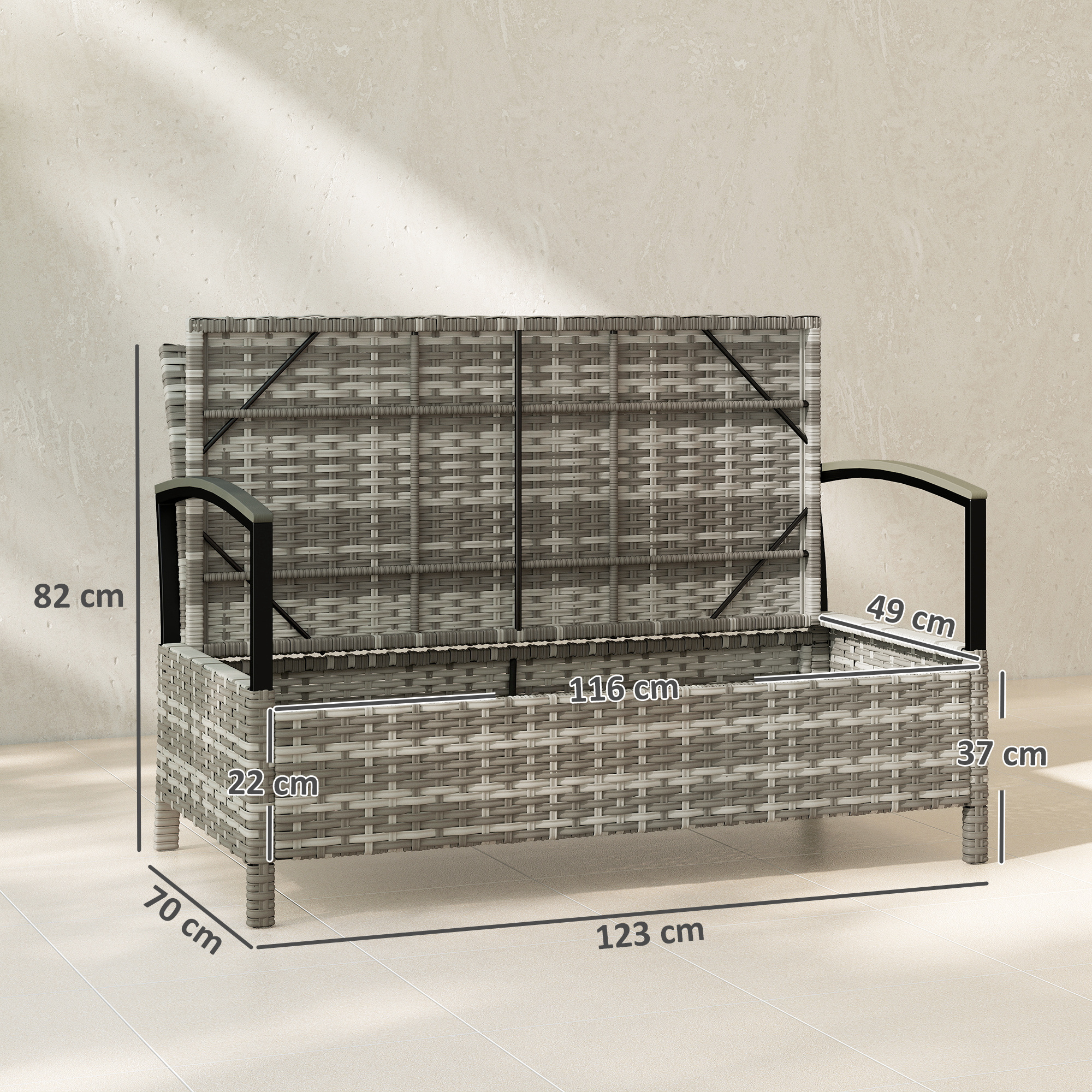 Gartenbank mit Stauraum 2-Sitzer Sitzbank mit Kissen Haltegriffen 125L Poly Rattan 123 x 70 x 82 cm Dunkelgrau