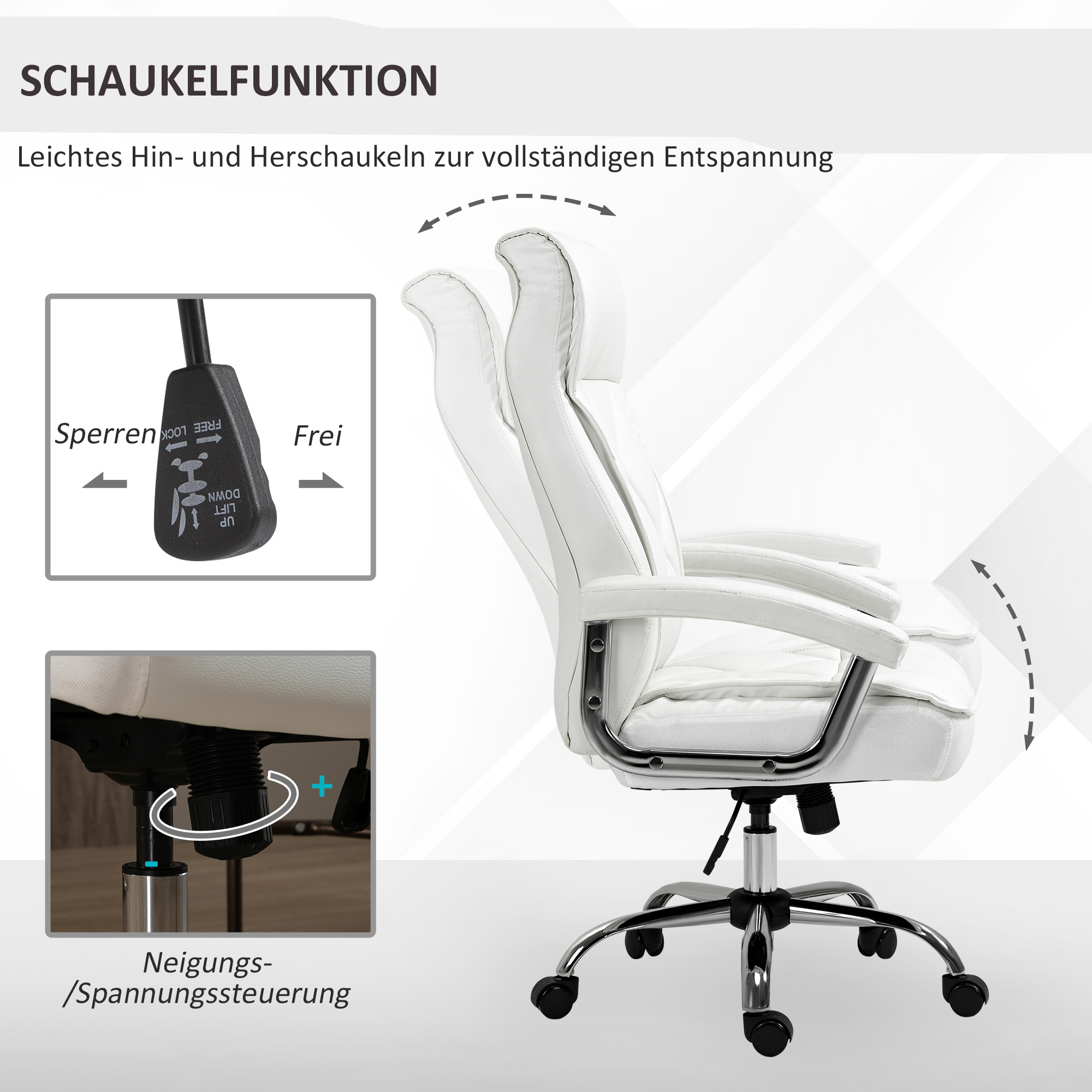 Bürostuhl, ergonomischer Schreibtischstuhl, höhenverstellbarer Drehstuhl mit Wippfunktion, Rautenmuster, Kunstleder, gepolsterter Chefsessel, Weiß