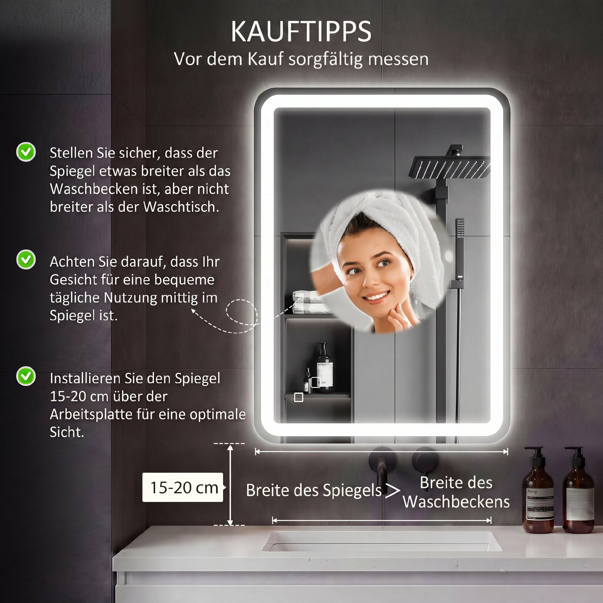 Badezimmerspiegel, beleuchtet, Touch-Steuerung, beschlagfrei, dimmbar, 3 Lichtfarben, 70 x 100, Silber