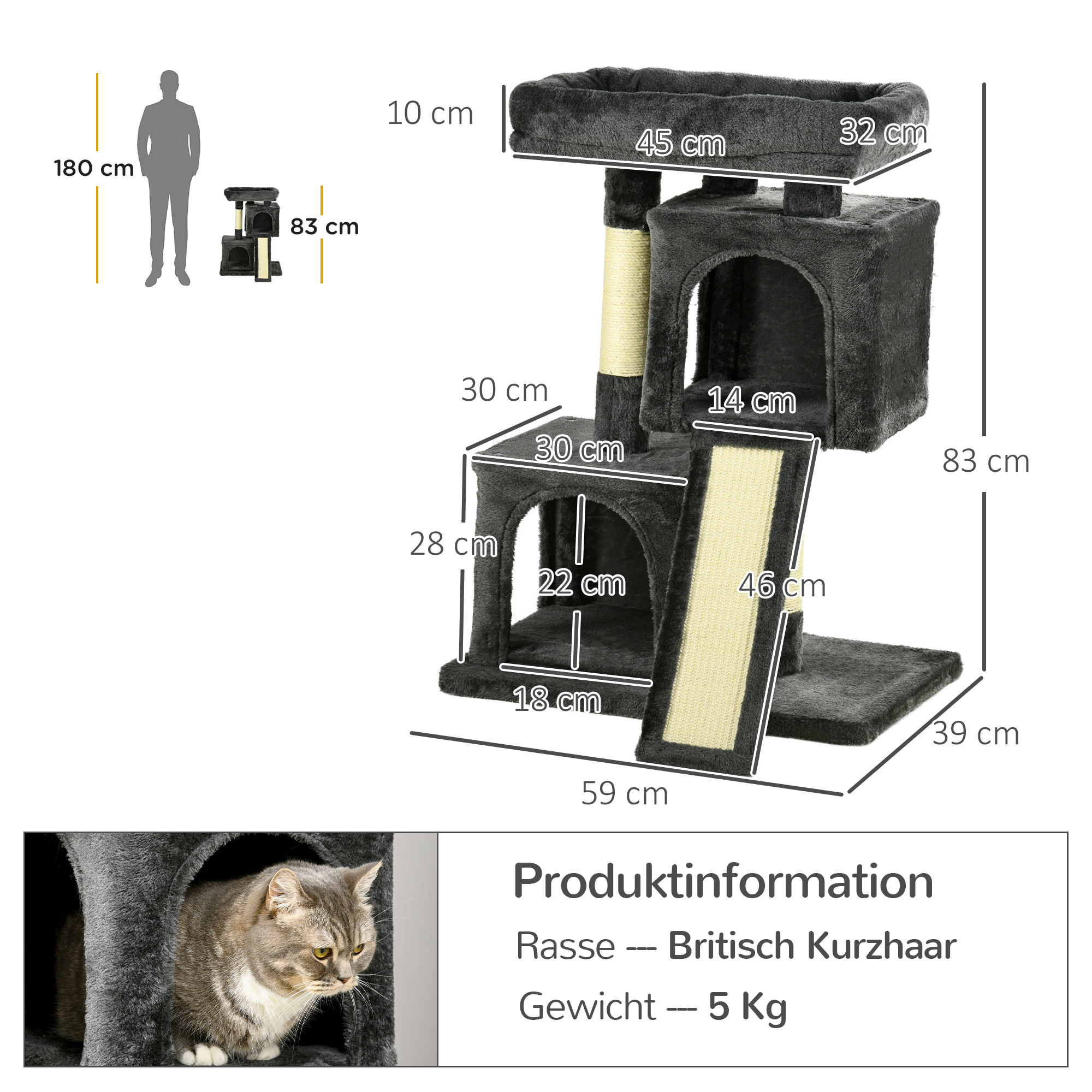 Kratzbaum 83 cm Kleiner Katzenkratzbaum mit Sisalsäulen, Katzenkratzbaum, Katzen Kletterbaum, Katzenbaum, Katzenmöbel Spielbaum für kleine Katzen, Dunkelgrau
