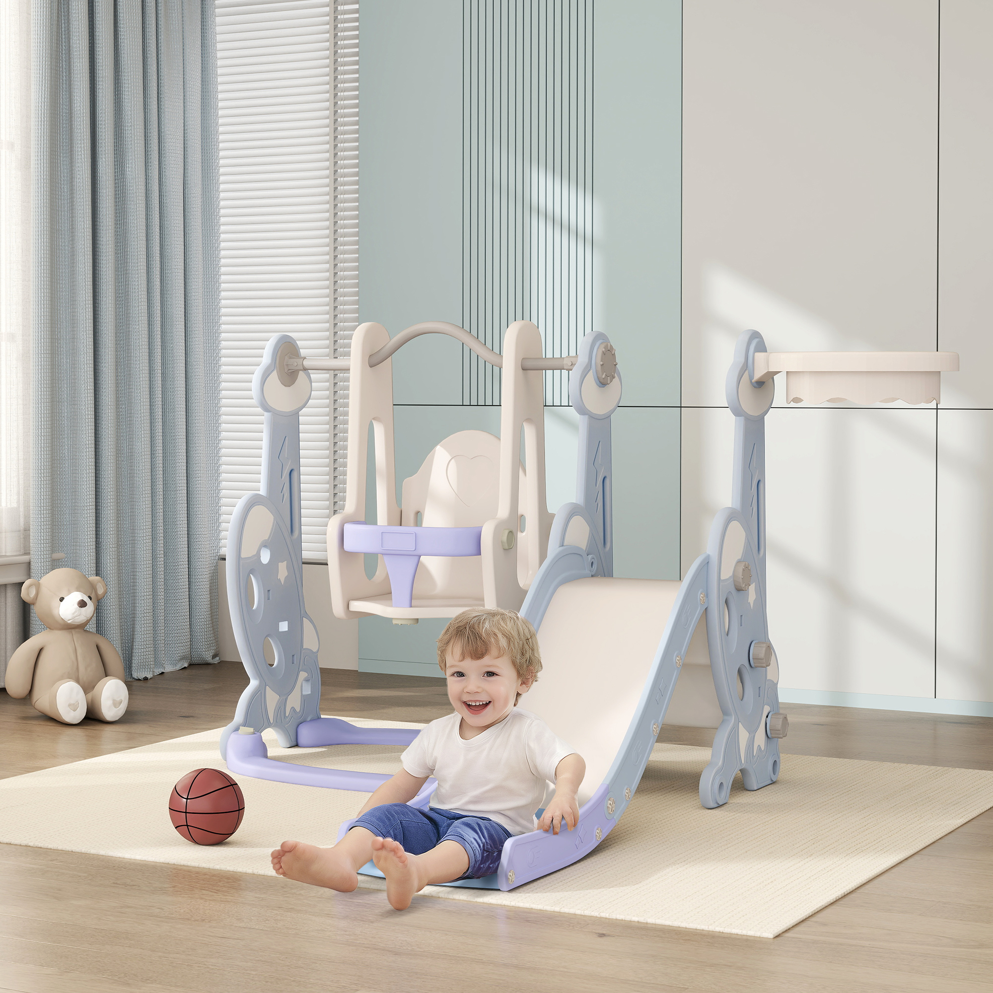 4-in-1 Indoor-Spielplatz, Rutsch- und Schaukelset für Kleinkinder, Basketballkorb, Raketendesign, Kunststoff, Hellblau
