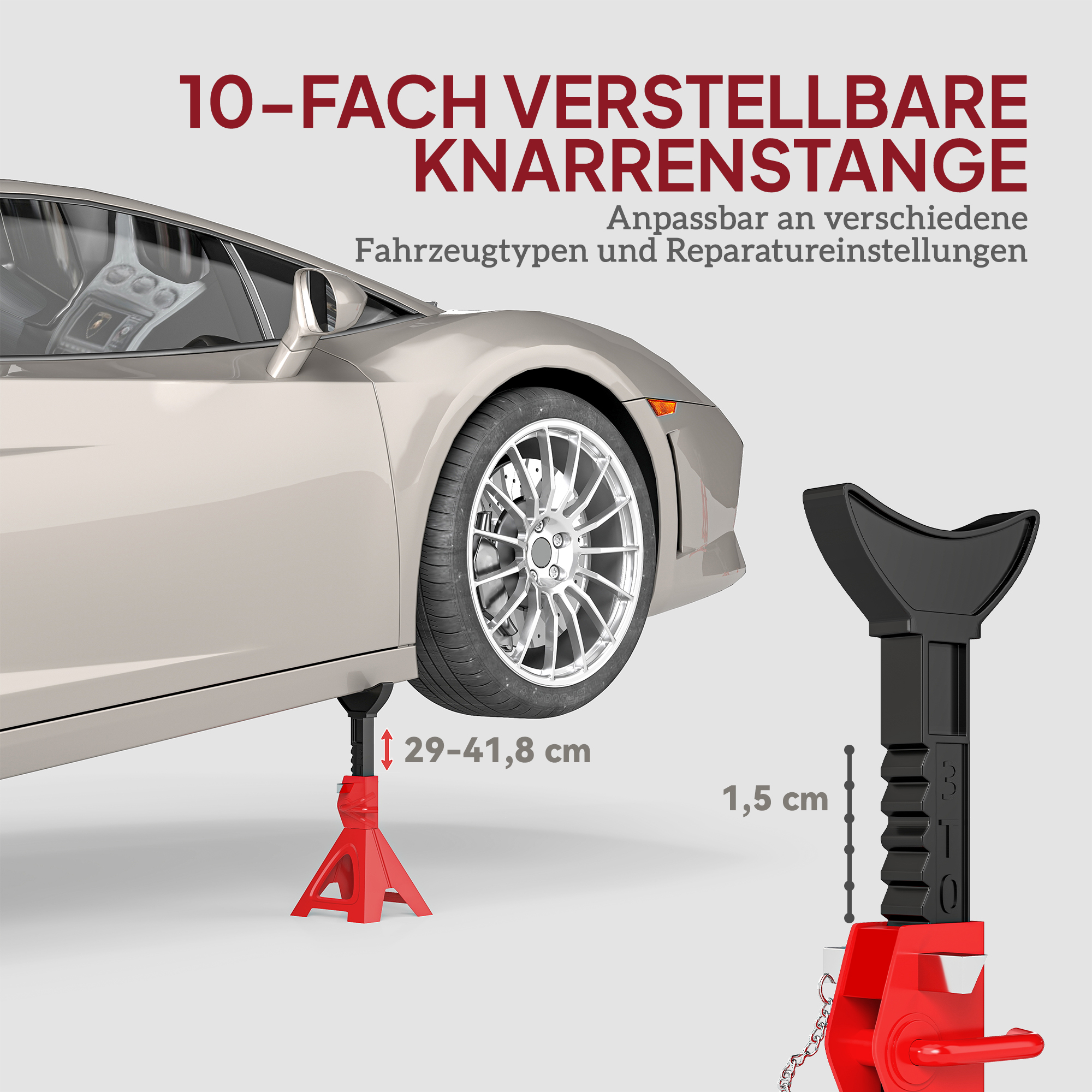 Unterstellbock 3 Tonnen Traglast 2 Stück Stützbock inkl Sicherungssplint 10 stufig Höhenverstellbar Rot