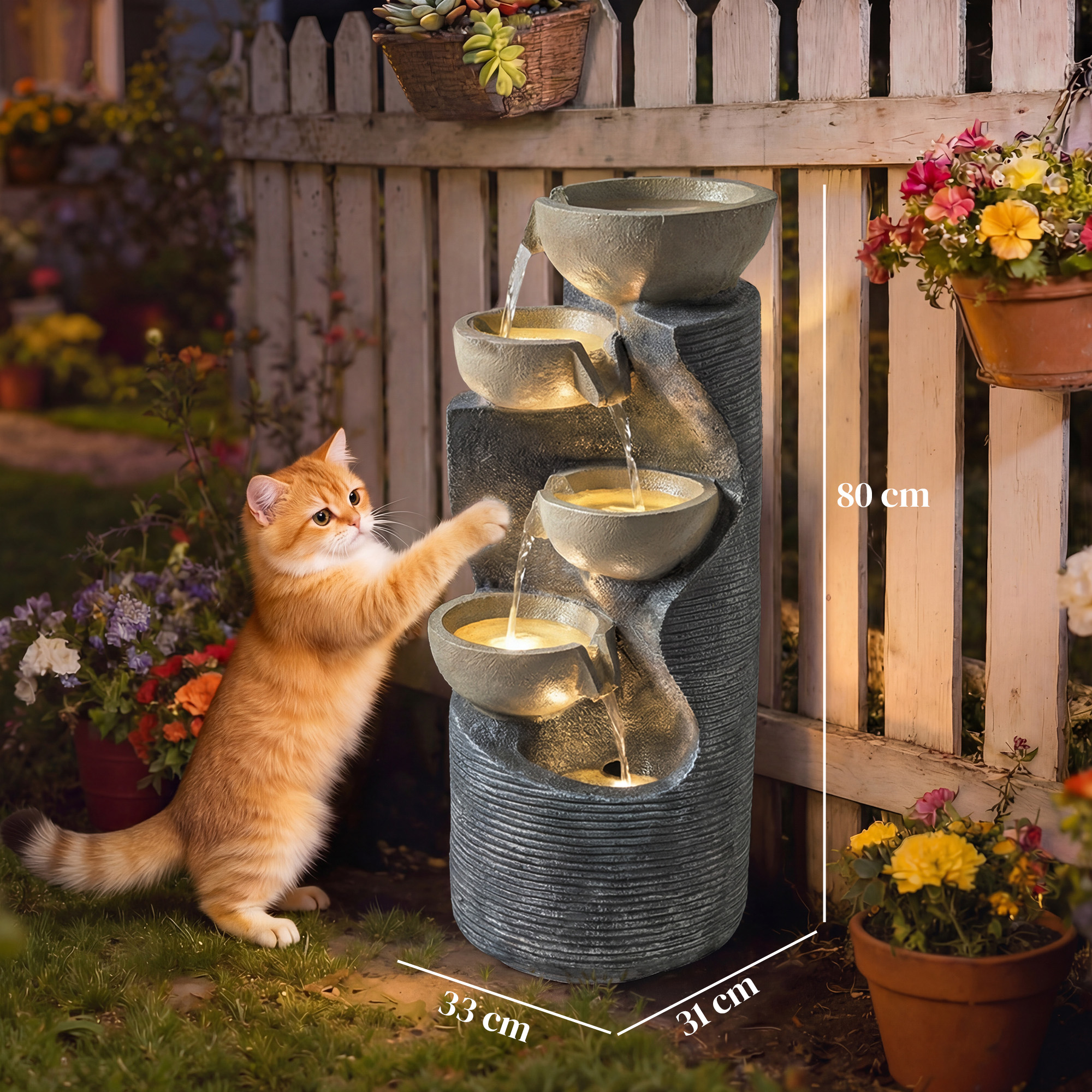 Springbrunnen 5-stufig Gartenbrunnen mit LED Beleuchtung Pumpe Steinoptik, Verstellbar 33 x 31 x 80 cm