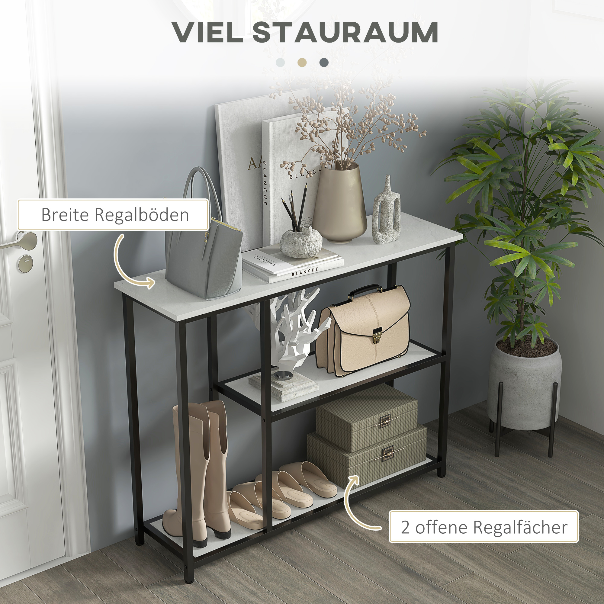 Konsolentisch im Industriedesign, 2 Regale, Marmor-Optik, Schwarz + Weiß