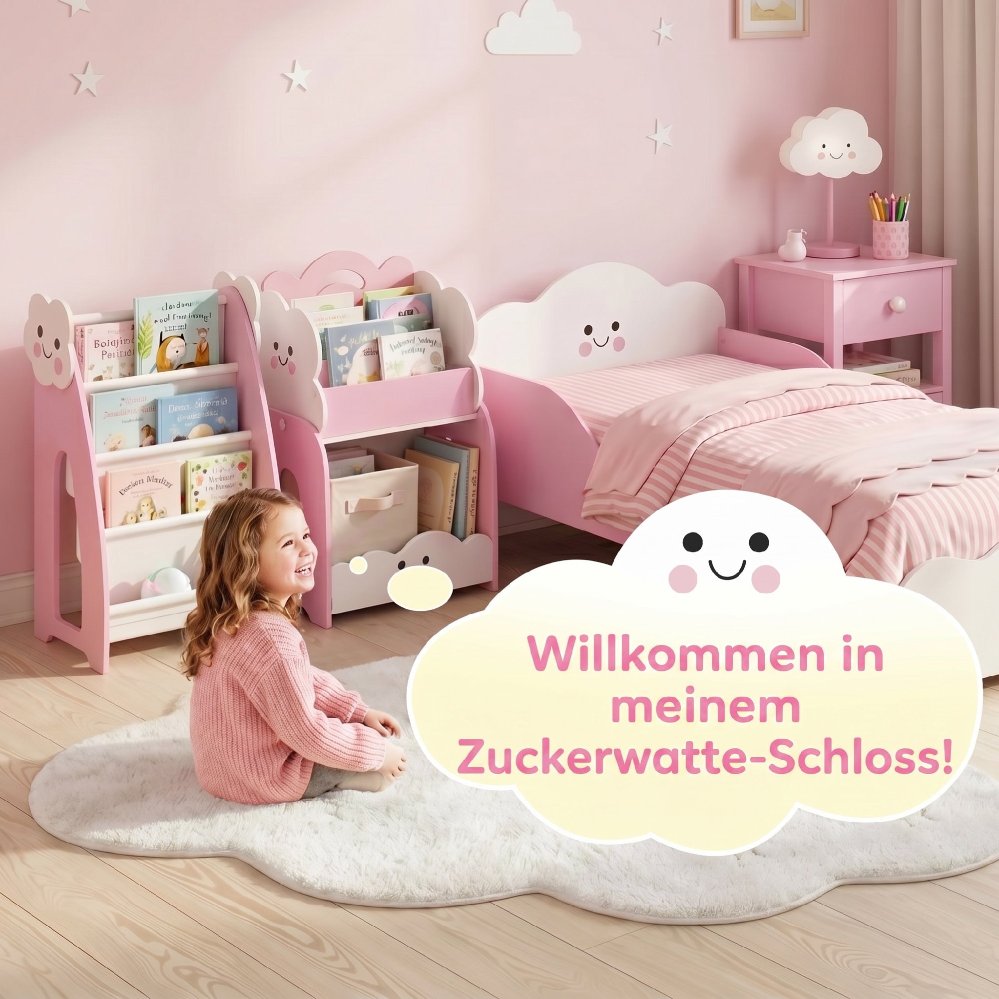 3-in-1 Kinderregal mit Spielzeugaufbewahrung, Modularer Bücherregal mit 4 Taschen & 3 Ebenen sowie Nachttisch, Rosa