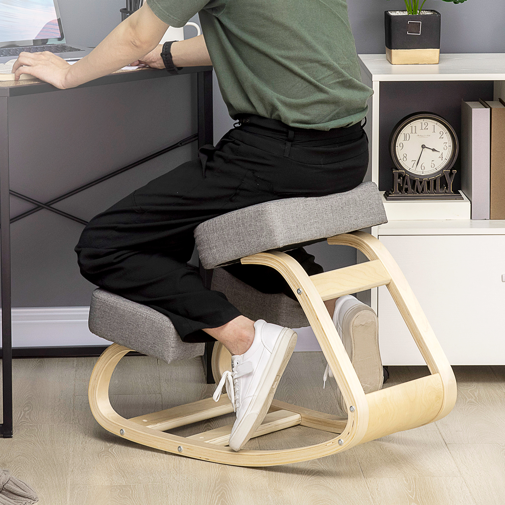 Kniestuhl, ergonomischer Sitzhocker, Polsterhocker für gesunde Sitzhaltung, Birkenholz, 120 kg belastbar, Grau