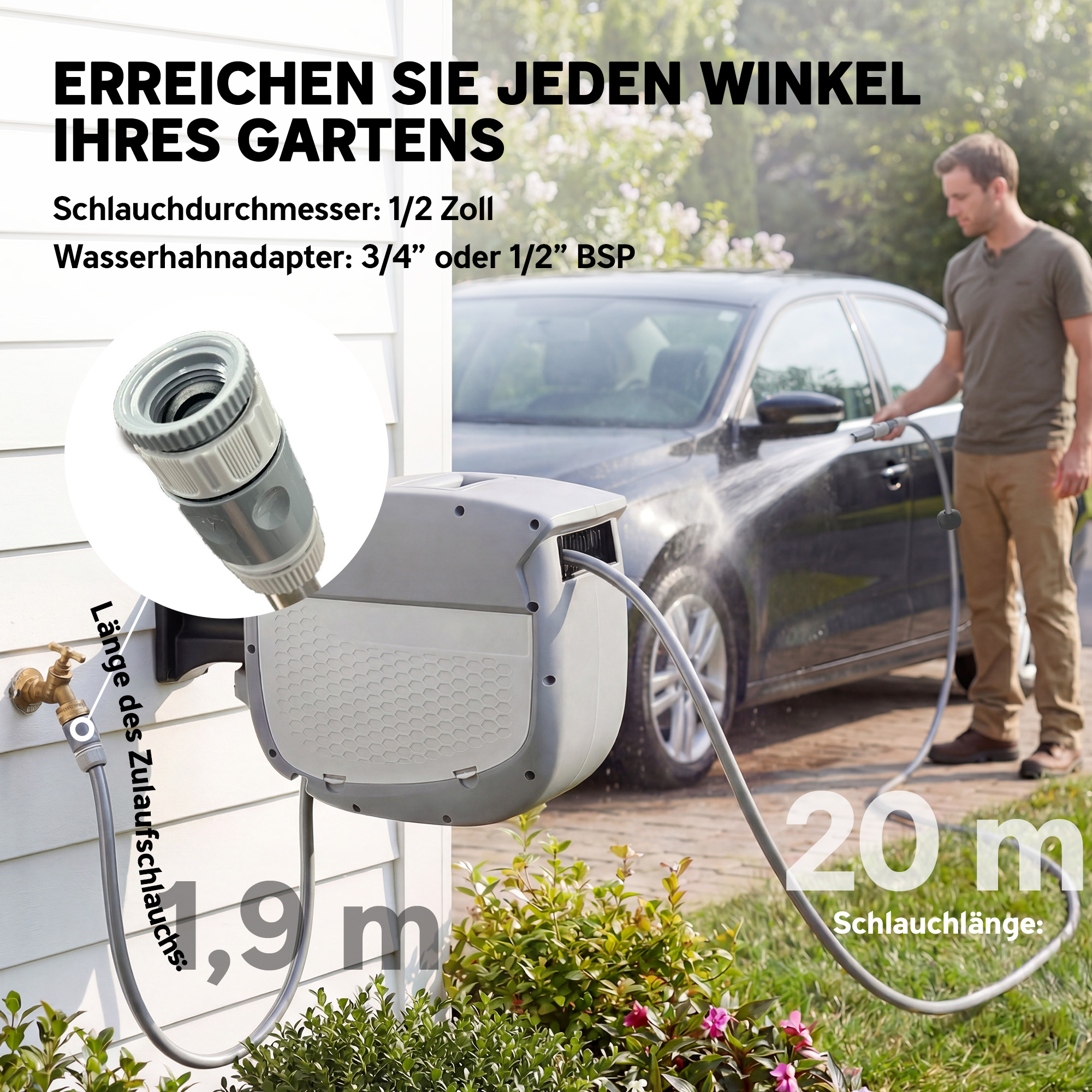 Schlauchtrommel mit Gartenschlauch 20 m, 180° schwenkbar Schlauchbox mit automatische Aufrollung Selbstverriegelung