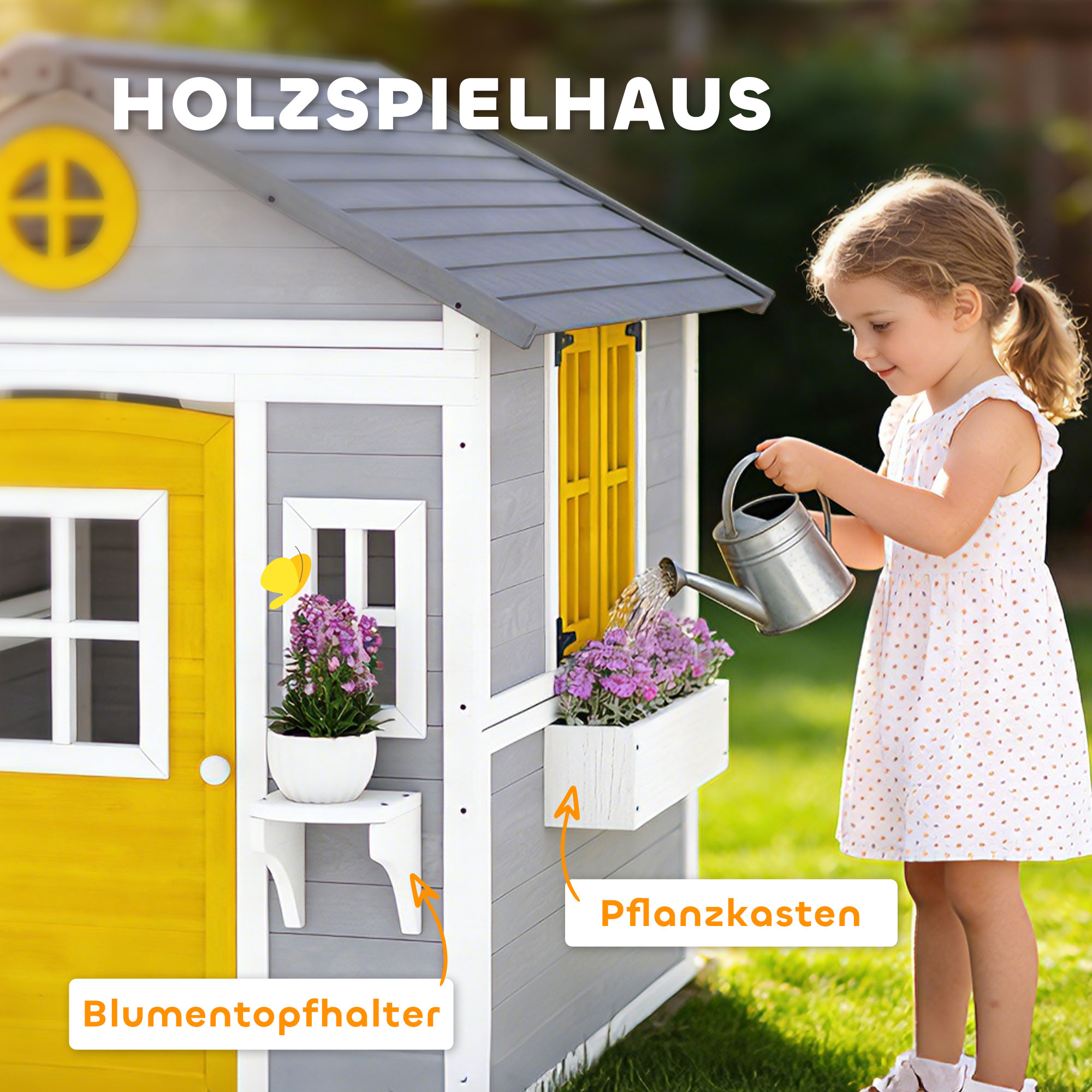 Spielhaus Wetterfestes Kinderspielhaus aus Holz mit Tür 6 Fenster 2 Blumenkästen 2 Blumenständern für 3-8 Jahre Grau