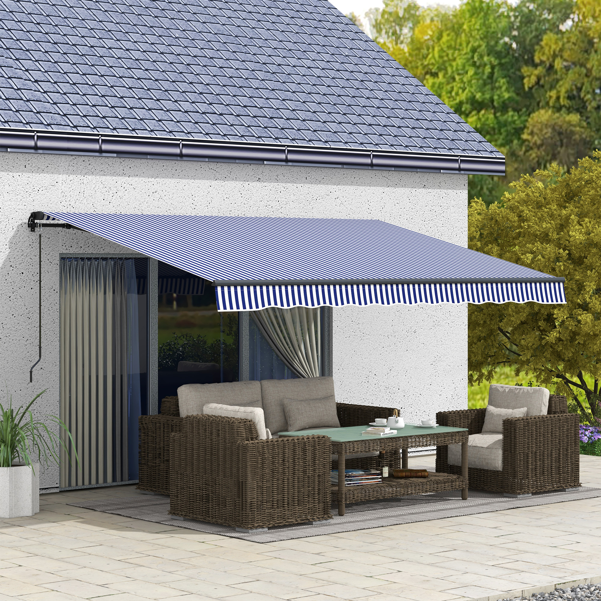 Sonnenmarkise Markise Terrassenmarkise, inkl. Handkurbel, wetterbeständig, 396 cm x 300 cm, Blau + Weiß