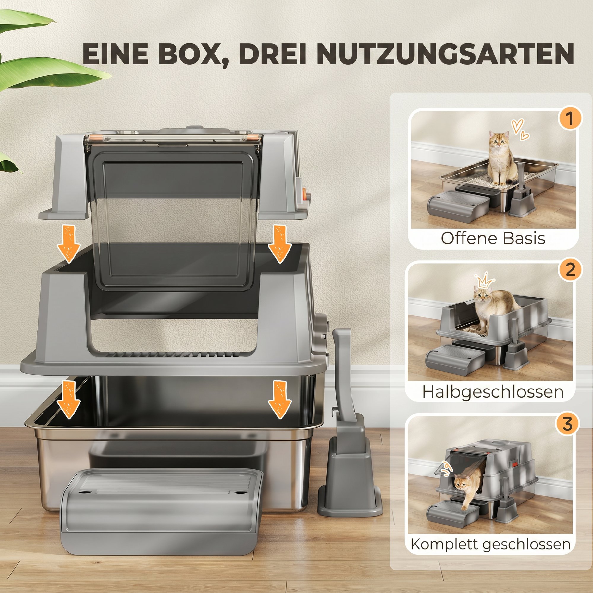 Katzenklo XXL Edelstahl Katzentoilette 130L mit 180° Klappdeckel Hohen Seitenwänden Schaufel Trittstufe 70x50x43cm Grau
