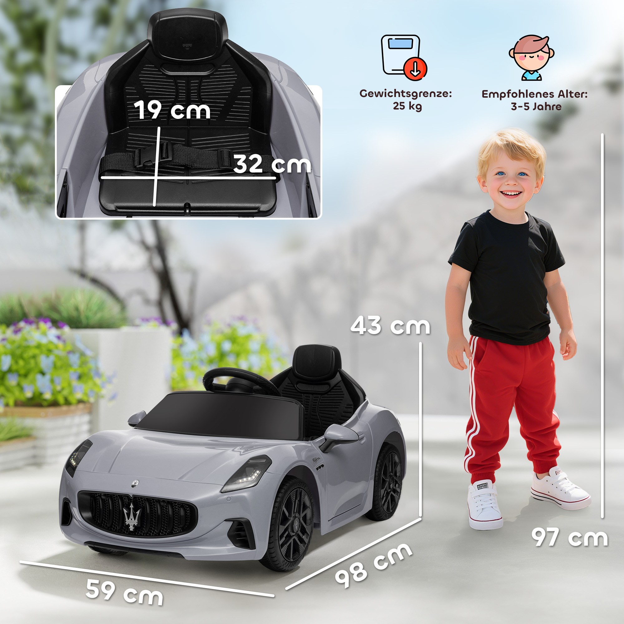 12V Kinder-Elektroauto, Kinderfahrzeug mit LED-Lichtern, Musik, Hupe, für Kinder von 3-5 Jahren, Grau