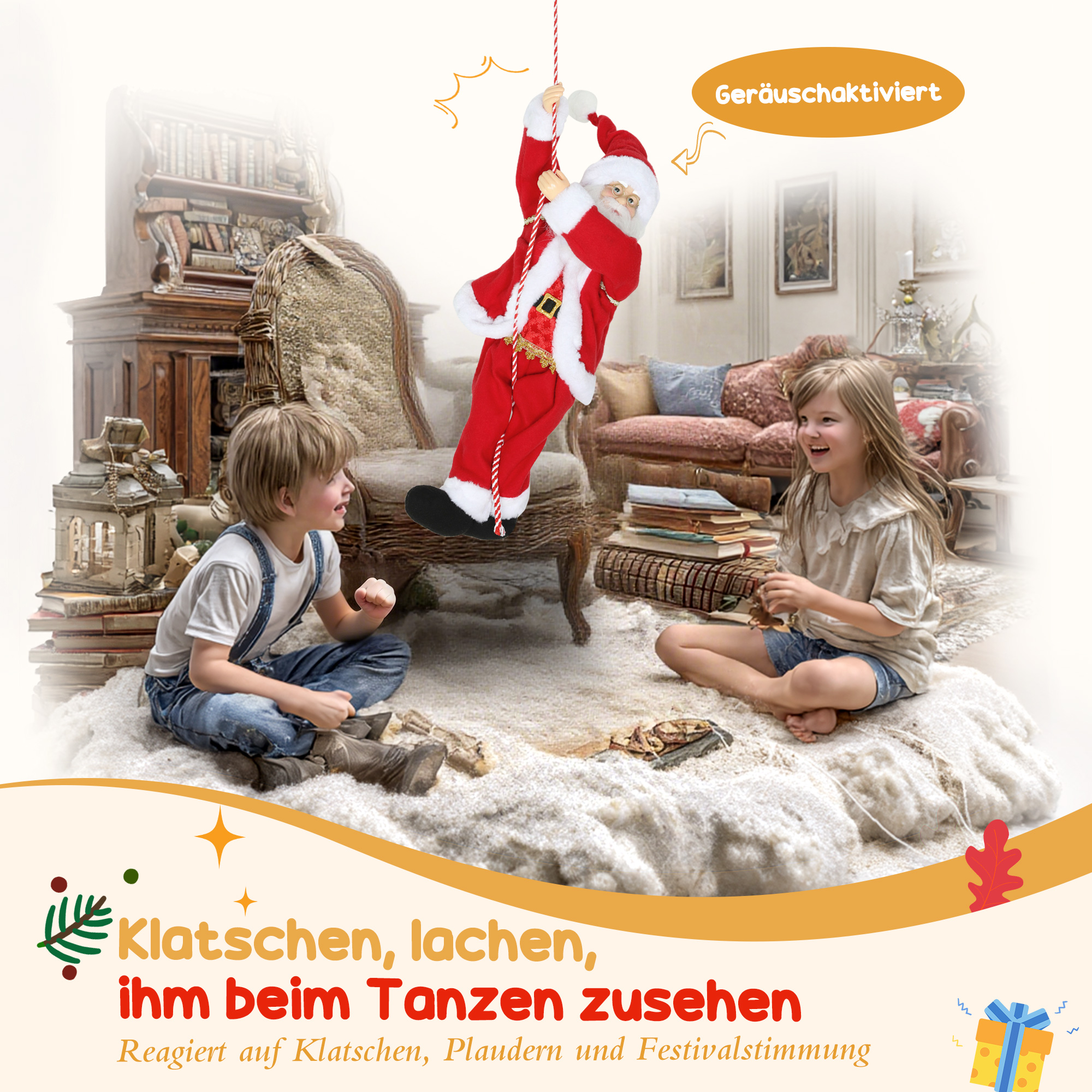 Weihnachtsmann 60 cm Singend und Kletternd Weihnachtsmann mit Geschenk Seil Soundfunktion Indoor, Rot