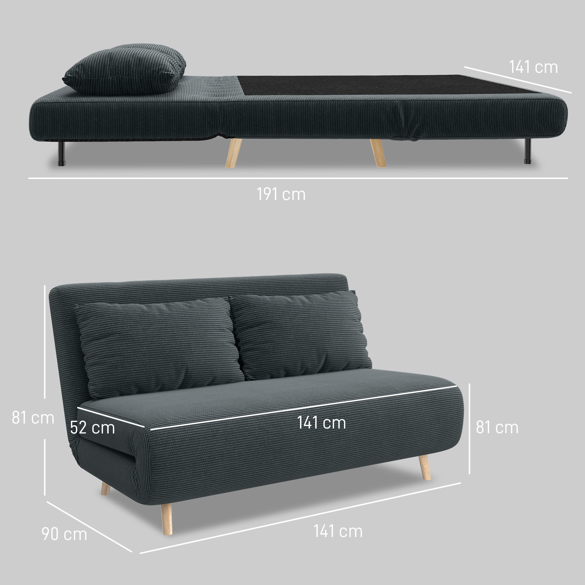 Schlafsofa, Gästebett, 3-fach verstellbare Rückenlehne, Kordoptik, bis 120 kg, 141 x 90 x 81 cm, Dunkelgrau