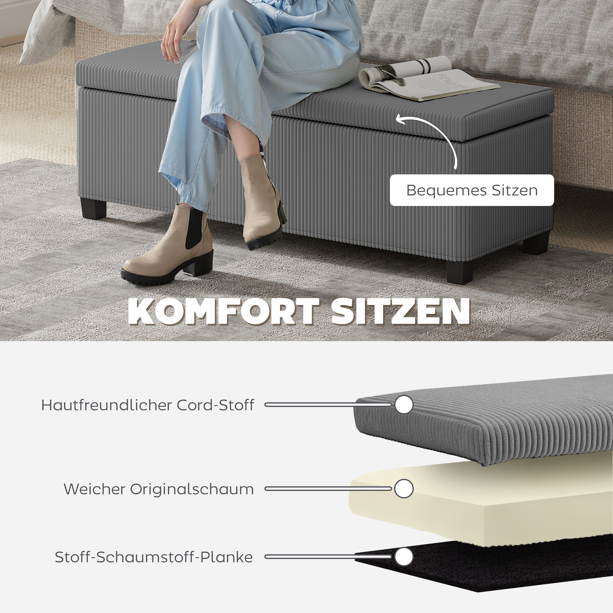Sitzbank mit Stauraum, Polsterbank für Aufbewahrung, für Wohnzimmer, Schlafzimmer, Flur, Cordbezug, Grau