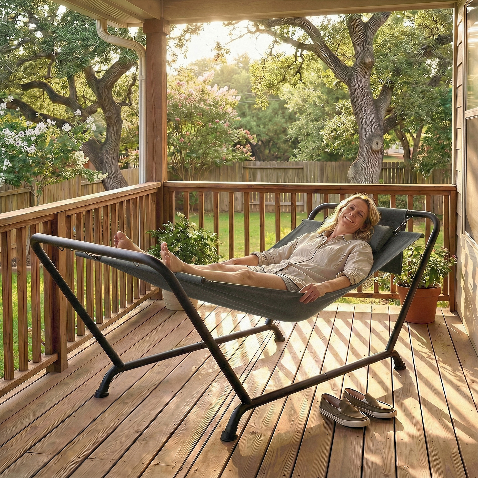 Hängematte mit Gestell 237 x 90 cm Stabhängematte mit Seitentasche, Kopfstütze Metallrahmen bis 150 kg