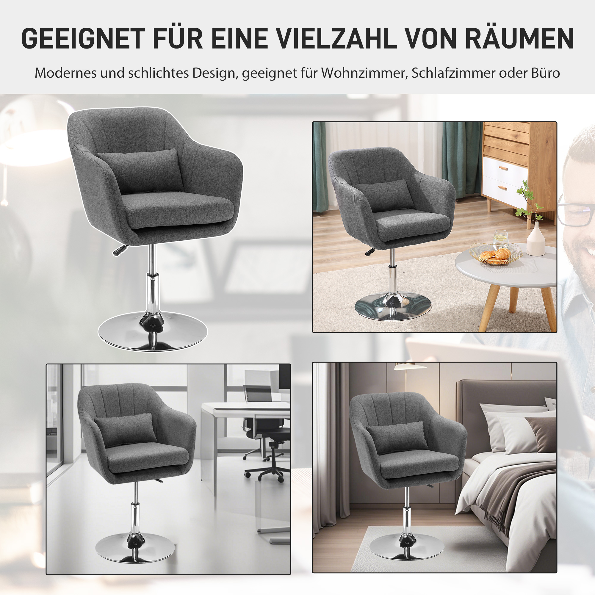 Drehstuhl, höhenverstellbarer Bürostuhl, leinenartiges Polyester, Metall, 60 x 60 x 79-91 cm, Dunkelgrau