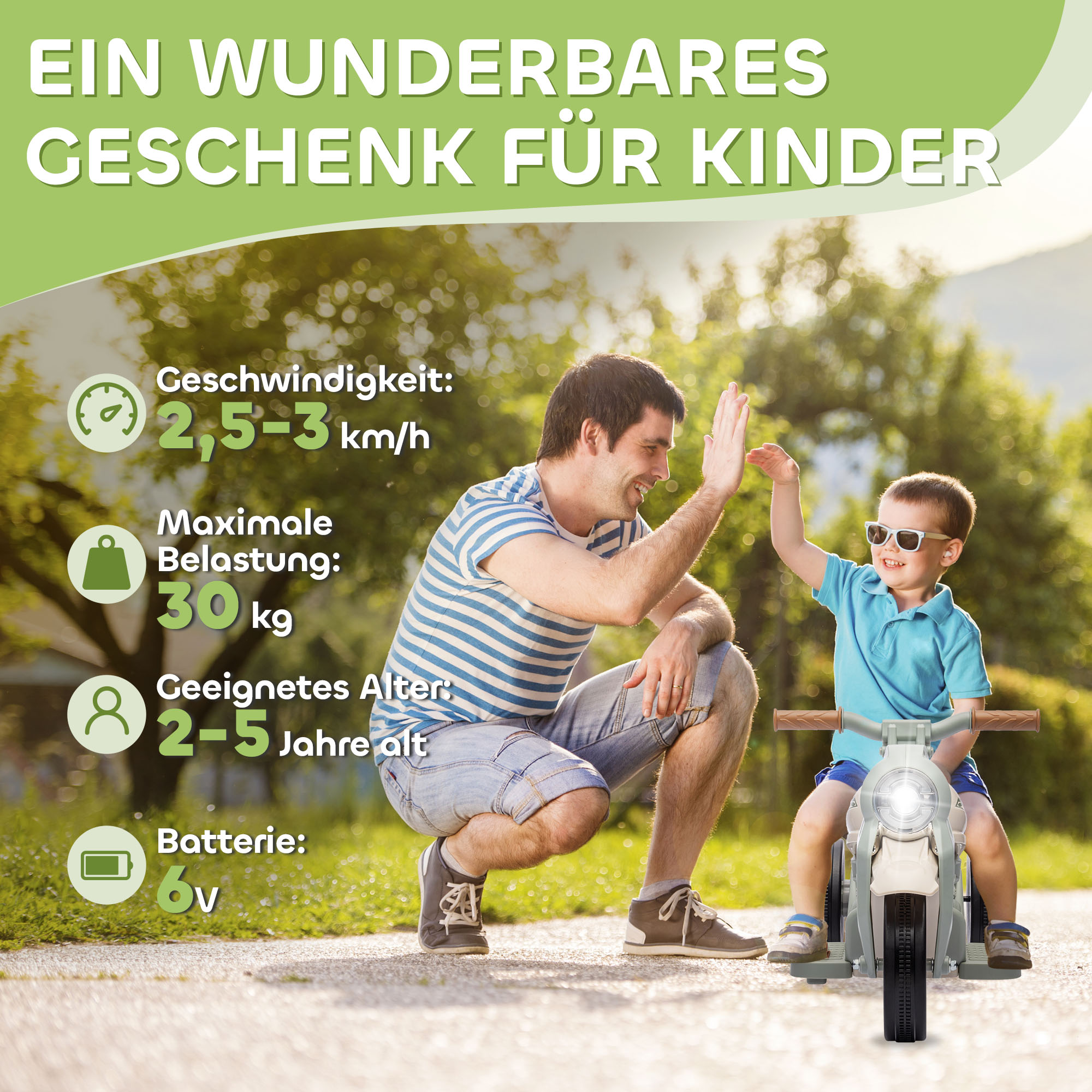 Kinder Elektro-Motorrad, 6V Kindermotorrad mit Musik, Blasen 2,5-3 km/h, für 2-5 Jahre Kinder